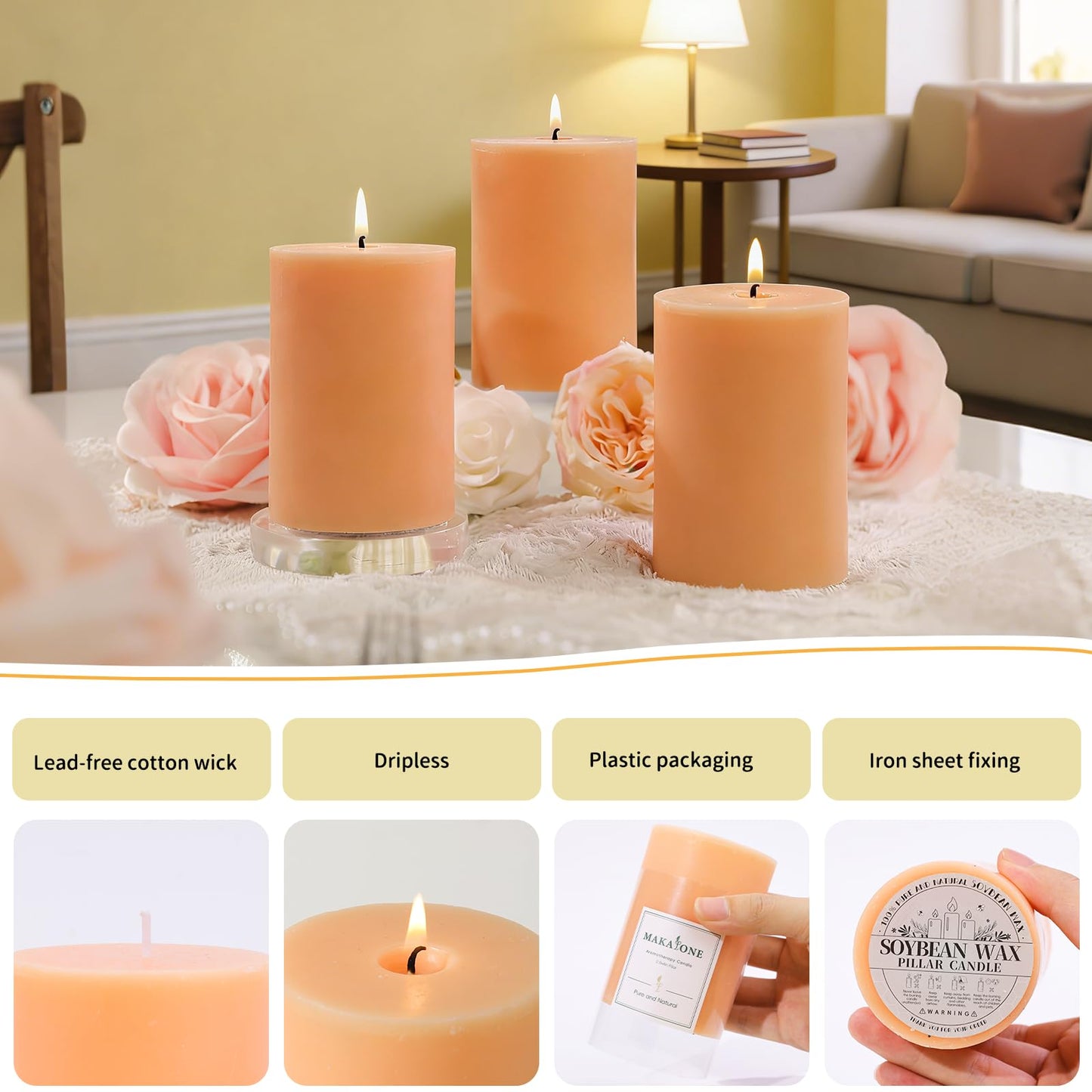 4 Pack Vanilla Lavender Scented Pillar Candles,Natural Soy Wax Pillar Candles-2.8x4In,60H Long Lasting Burning Fragrance Candles for Home,Spa,Stress Relief & Wedding（Peach Pink）