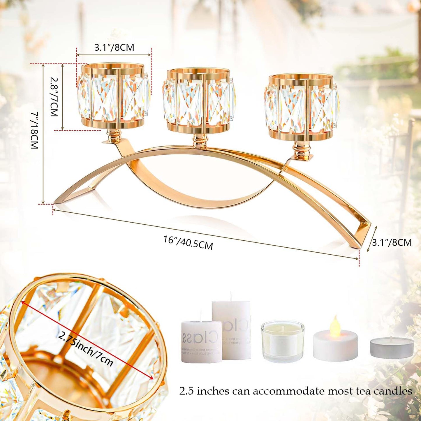 3 Arms Crystal Bowl Tealight Candelabra Votive Candle Stand, Candlestick Holders Wedding centerpieces for Tables Crystal Candlestick，Centerpiece Table Decorations (Gold)