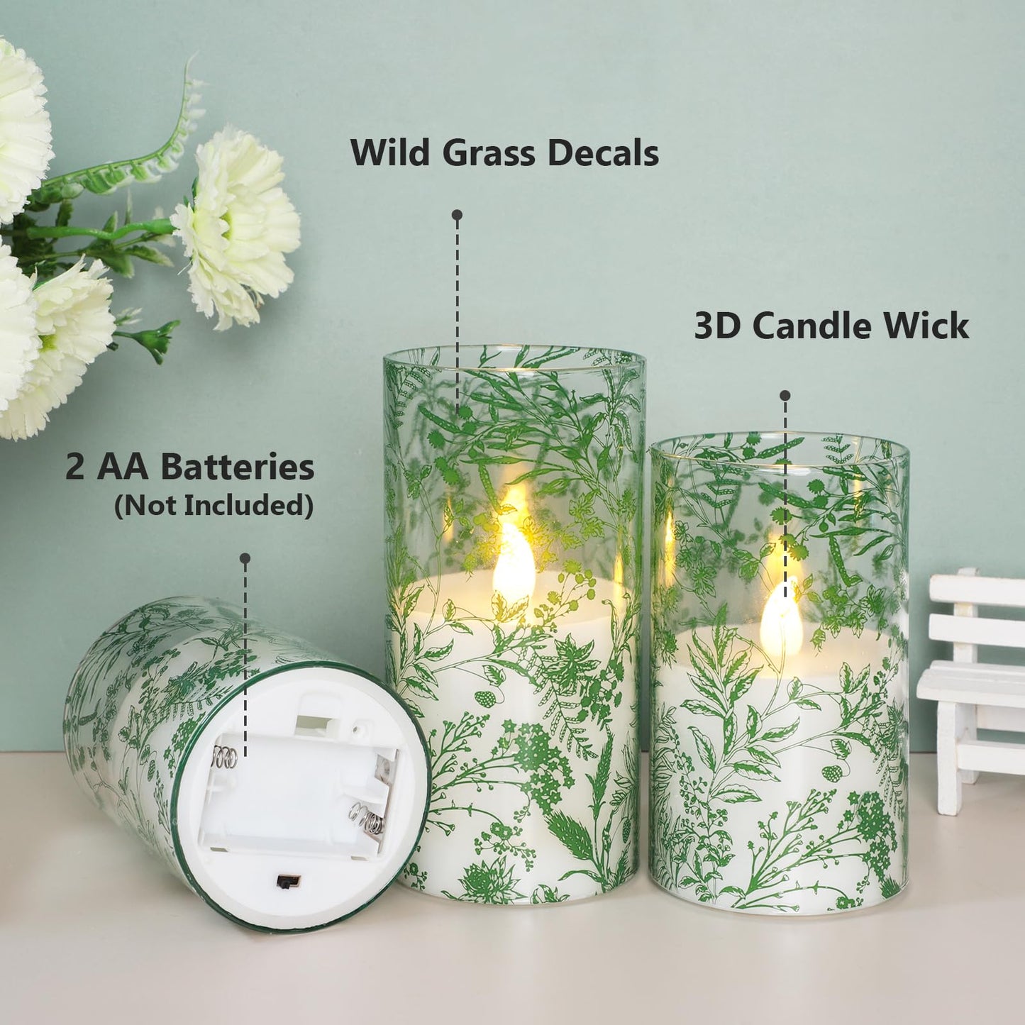 Impress Life Flameless Candles with Remote, 3PC Battery Operated LED Flickering Glass Candles, Real Wax Leaves Candles for Wedding Patry Home Decor