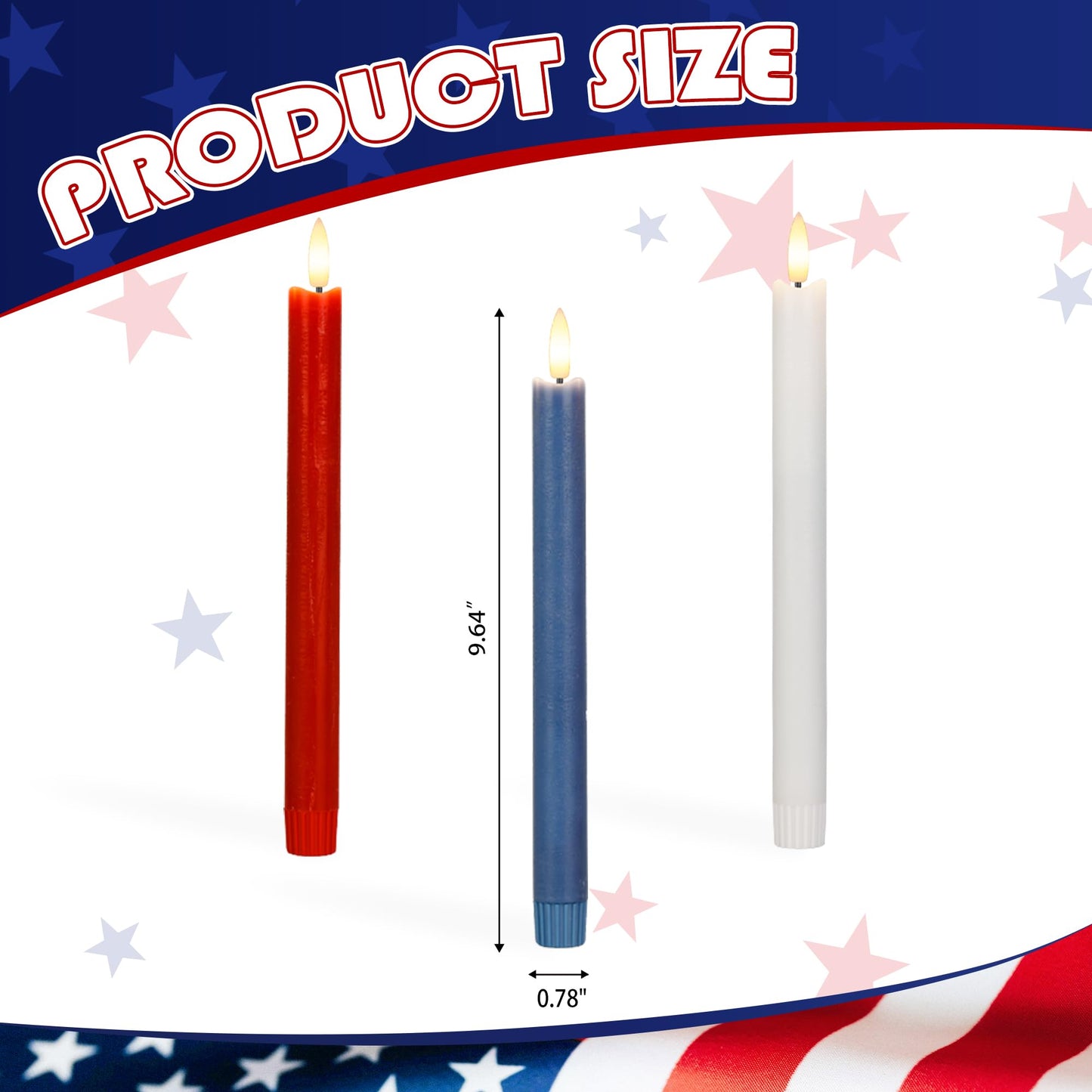 AFINETH Red White and Blue Flameless Taper Candles with Remote, 9.6" Real Wax Patriotic Flameless Candles, Battery Operated 4th of July Candlesticks, Flickering Independence Day Candle Decor, 3 Pack