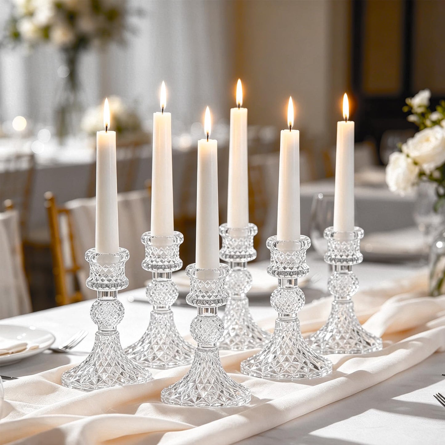 6 Pack Glass Taper Candlestick Holders, Clear Candlestick Holders, 4" H Crystal Candle Holders Decorative Candle Stand Centerpiece for Wedding, Festival, Dinning Party Table Decor