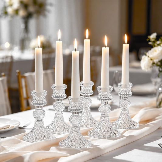 6 Pack Glass Taper Candlestick Holders, Clear Candlestick Holders, 4" H Crystal Candle Holders Decorative Candle Stand Centerpiece for Wedding, Festival, Dinning Party Table Decor