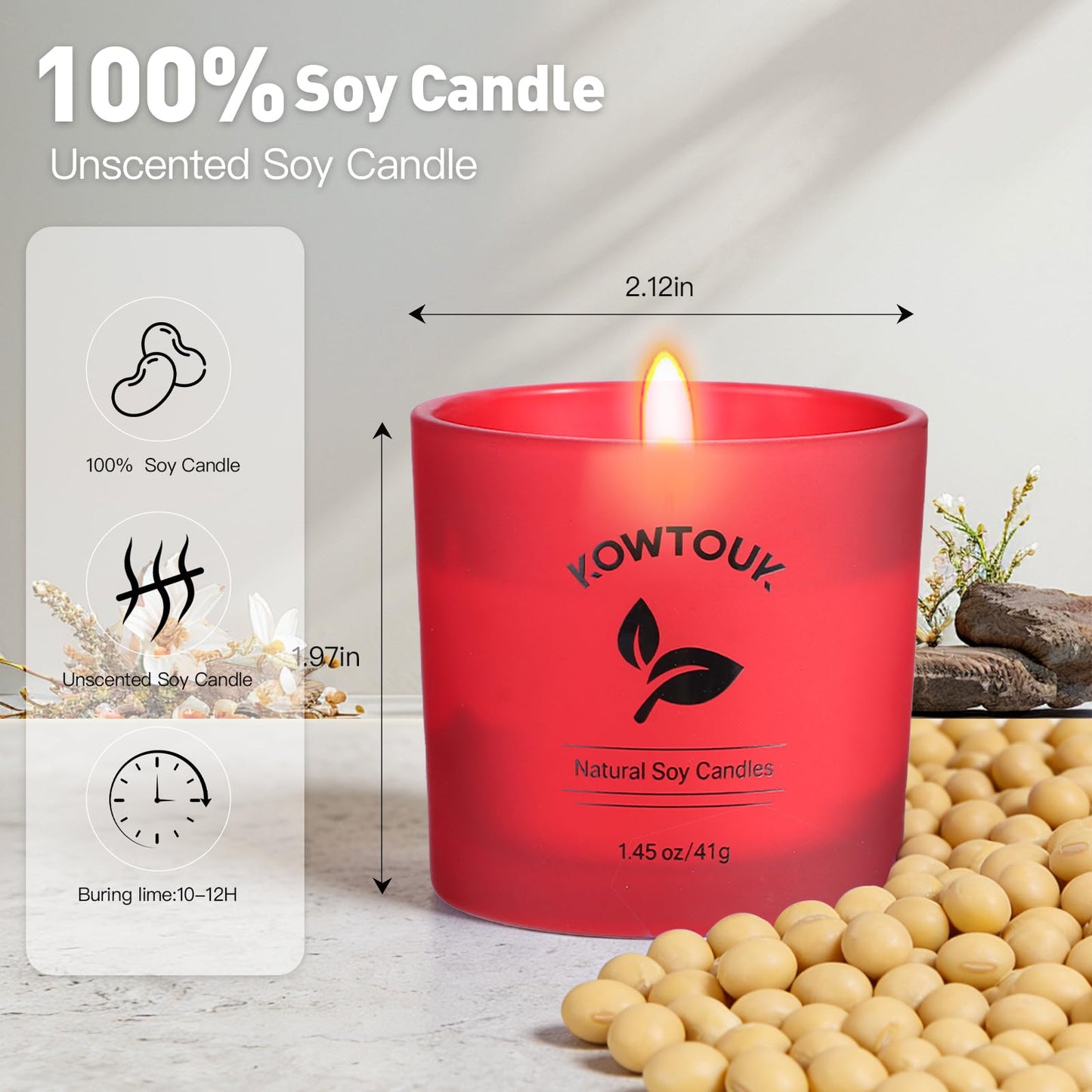 Set of 4 White Unscented Soy Candles, Red Glass Filled Votive Candles, Hand Poured Wax Candle for Home Décor Aromatherapy Spa Holidays Party and Weddings