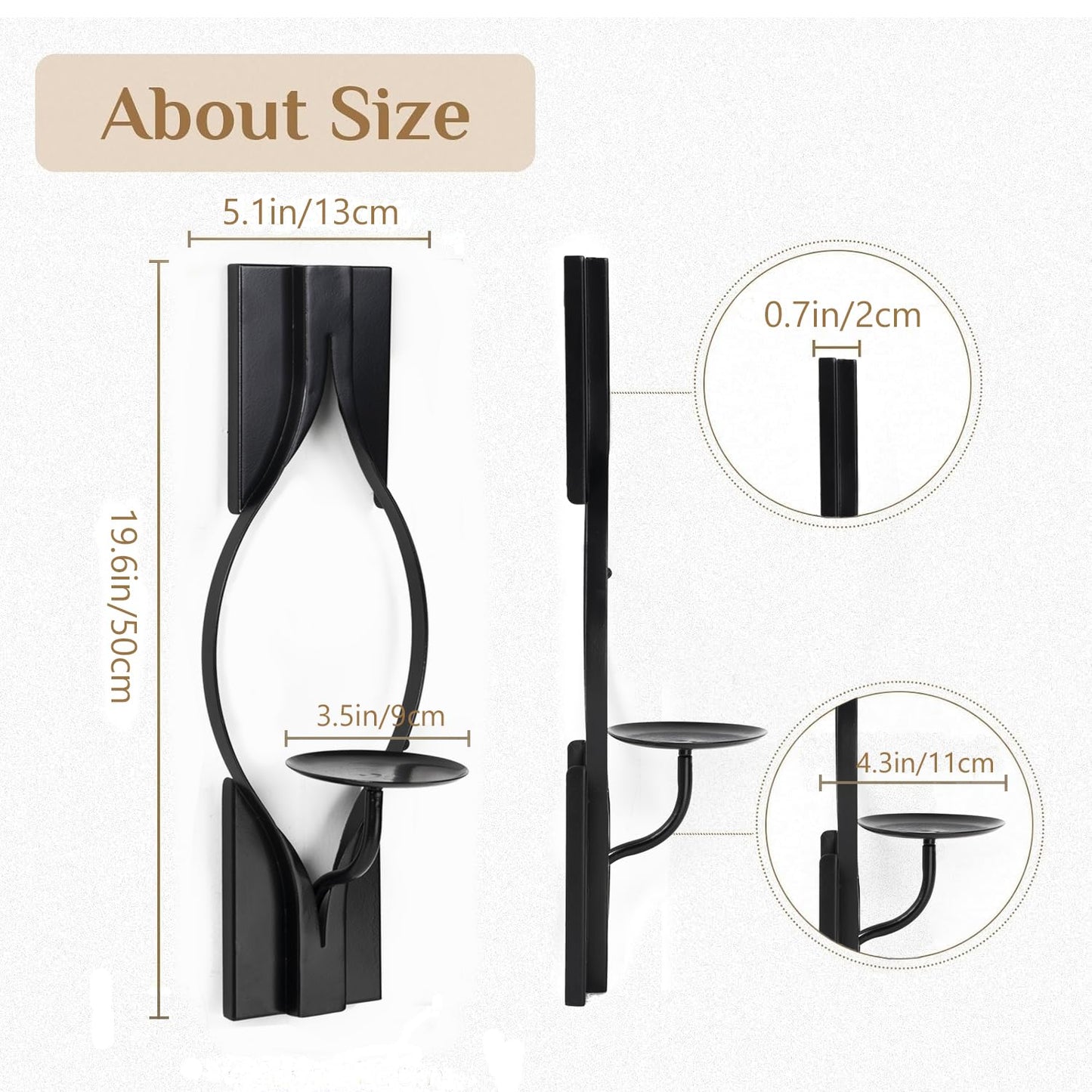 Wall Candle Sconces Set of 2, Decorative Metal Candle Holder for Living Room, Farmhouse, Fireplace (Matte Black)