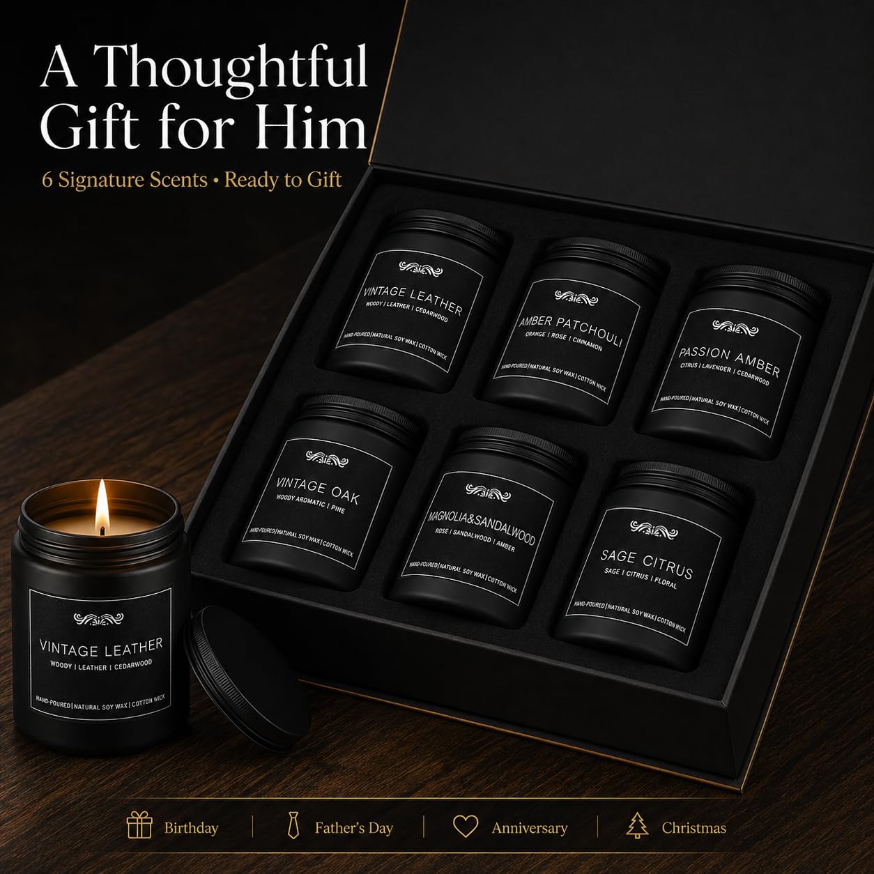 6 Pack Candles for Home Scented Aromatherapy Candles Gifts Set for Mens, Men Candle Set, 42 oz 300 Hour Long Lasting Candles Gifts for Men Birthday Anniversary Present