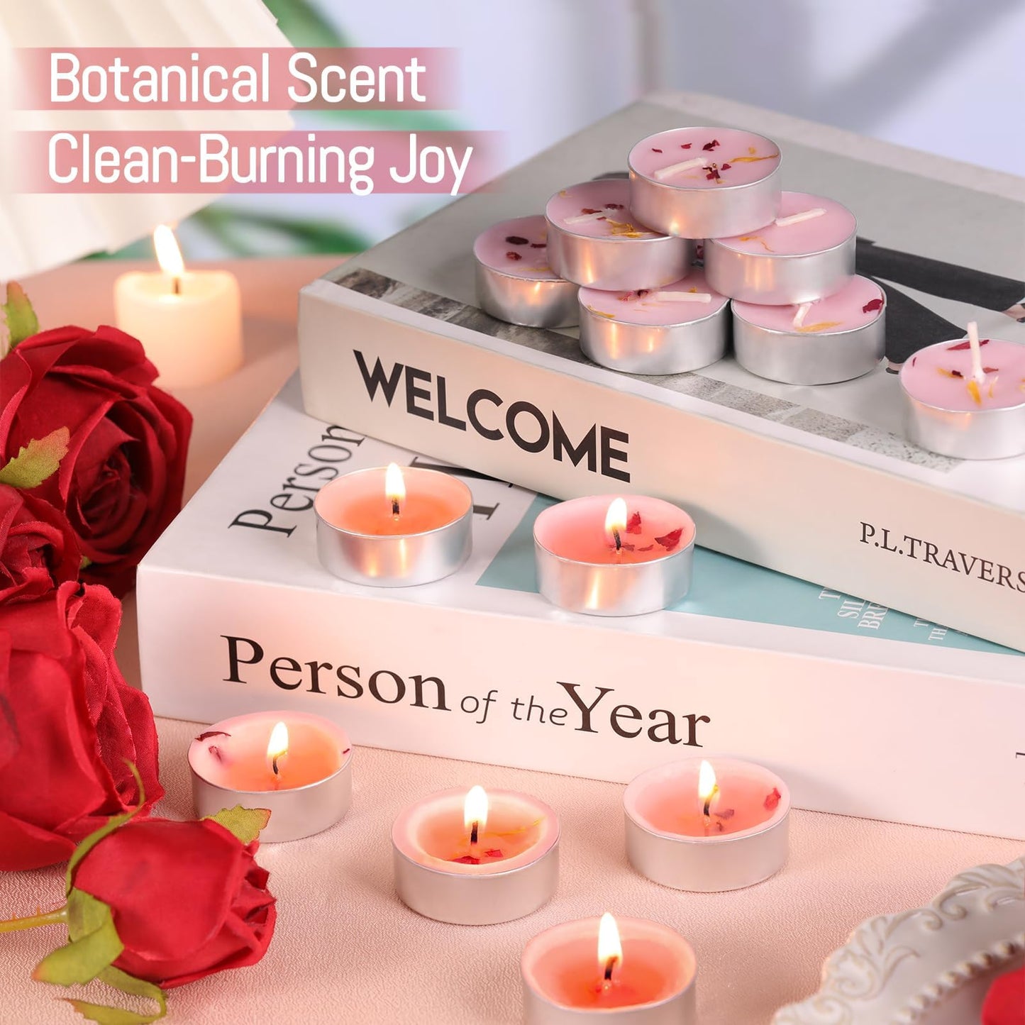 HAVITI 15 Pcs Rose Scented Tealight Candles, Tea Lights Candles, 4H Smokeless Palm Wax Pink Tea Candle for Weddings,Christmas,Spa, Bath