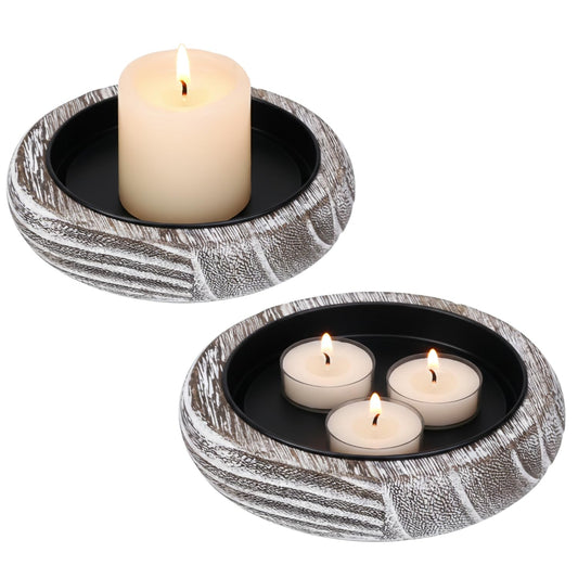 Rustic Wooden Candle Holders | 2-Pack Distressed Vintage Pillar Candle Plates with Fire-Resistant Metal Insert | Shabby Chic Farmhouse Decor for Wedding & Dining Table (White)