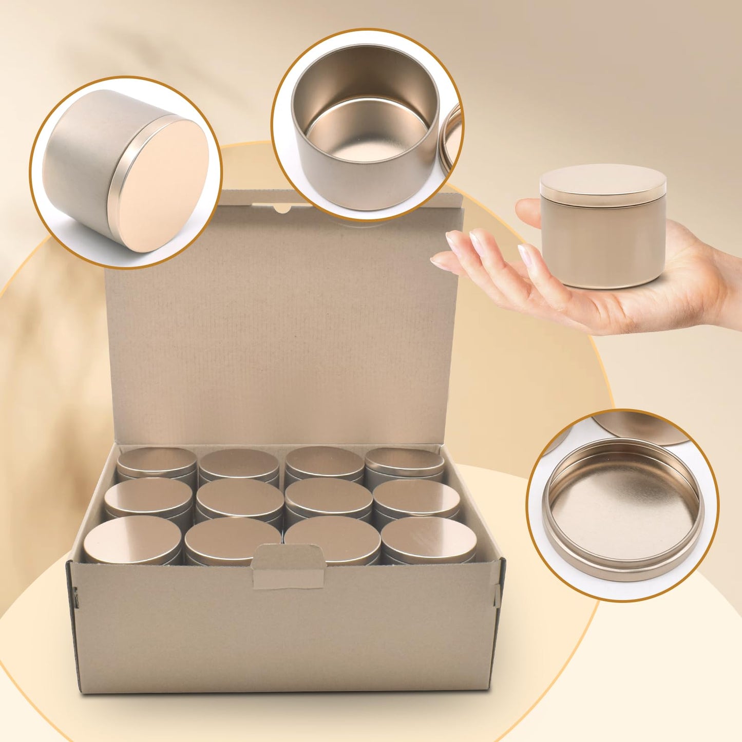 YJHSS 24-Pack 4oz Candle Tins with Lids, Metal Candle Jars for Candle Making, Empty Containers Vessels Bulk for Small Business & Beginners DIY Storage -Champagne Gold