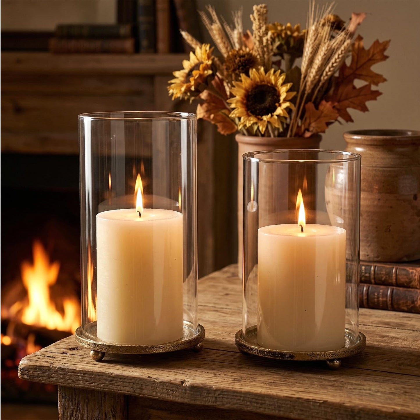 Hurricane Candle Holders Set of 2 - Pillar Candle Stands with Glass Sleeves for Fireplace Mantel & Dining Table Centerpiece Decor (Gold)