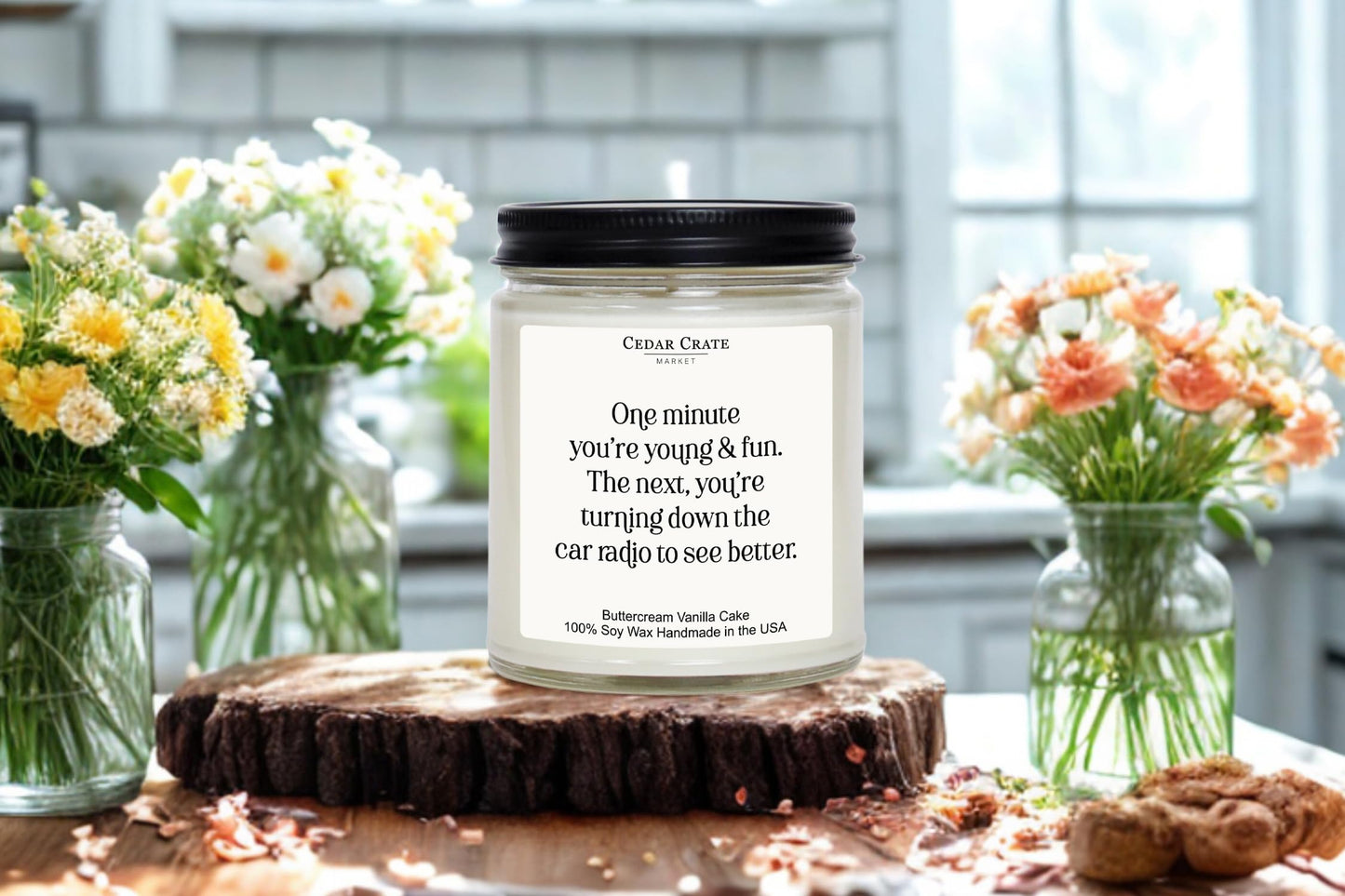 Cedar Crate Market Funny Buttercream Scented Birthday Candle | Hilarious Adult Milestone Gift - 40th, 50th,60th 70th + | One Minute You’re Young and Fun | Soy Wax 9oz | Gag Gift for Women, Men
