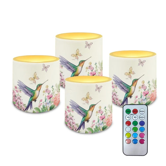 Merkmak Hibiscus Floral Hummingbird Flickering Flameless Candles with Timer LED Pillar Candles with Remote Battery Operated Tea Lights for Indoor Outdoor Home Decorations Set of 4