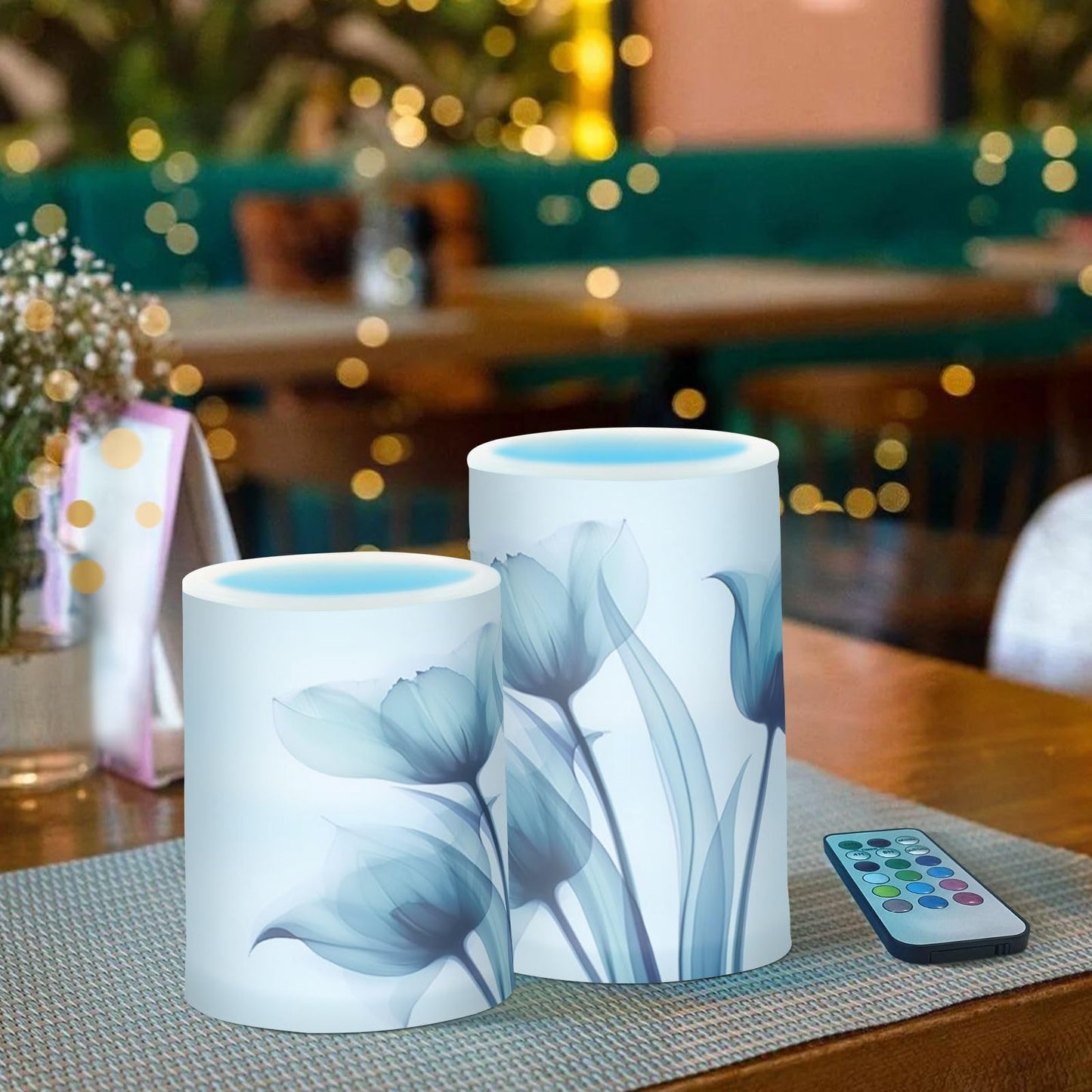 BOENLE Flickering Flameless Candles, Blue Tulip Flower LED Candles with Remote Timer, Set of 2 Battery Operated Candle for Valentine Wedding Birthday