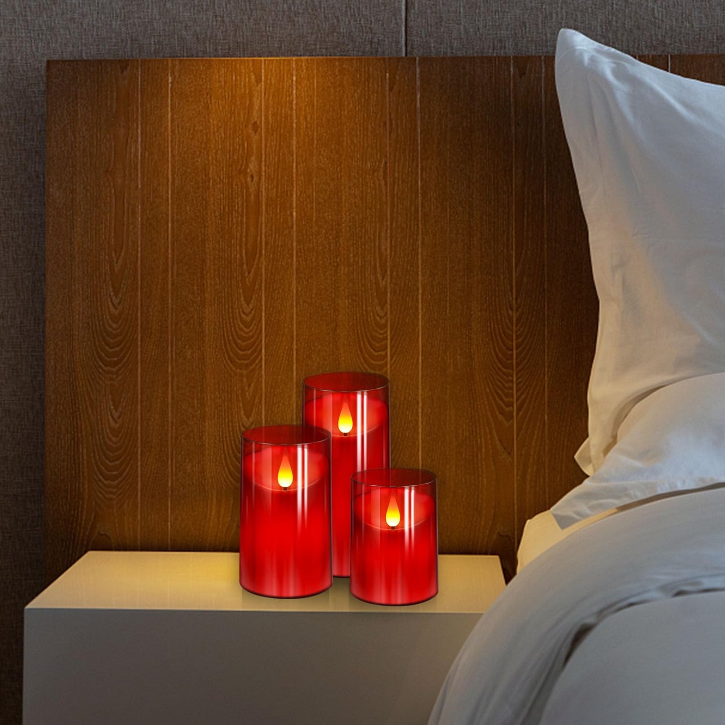 NURADA Flickering Flameless Candles with Remote Timer: 3D Wick Battery Operated Led Pillar Candle Fake Candles Set for Wedding Birthday Halloween Christmas Decorations - Red 5 Pack