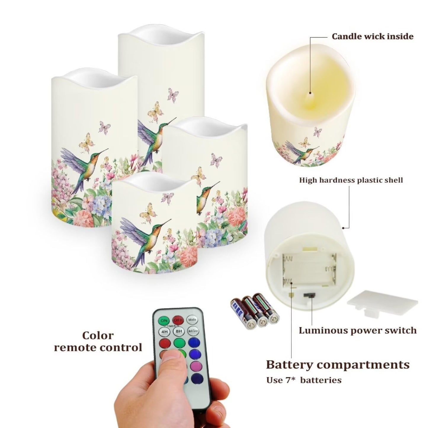 Cozeyat Bird Bloom Birthday Party Flameless Candles 4 Pack Battery Operated LED Pillar Candles with Remote Timer Waterproof Flickering for Home Table Decor
