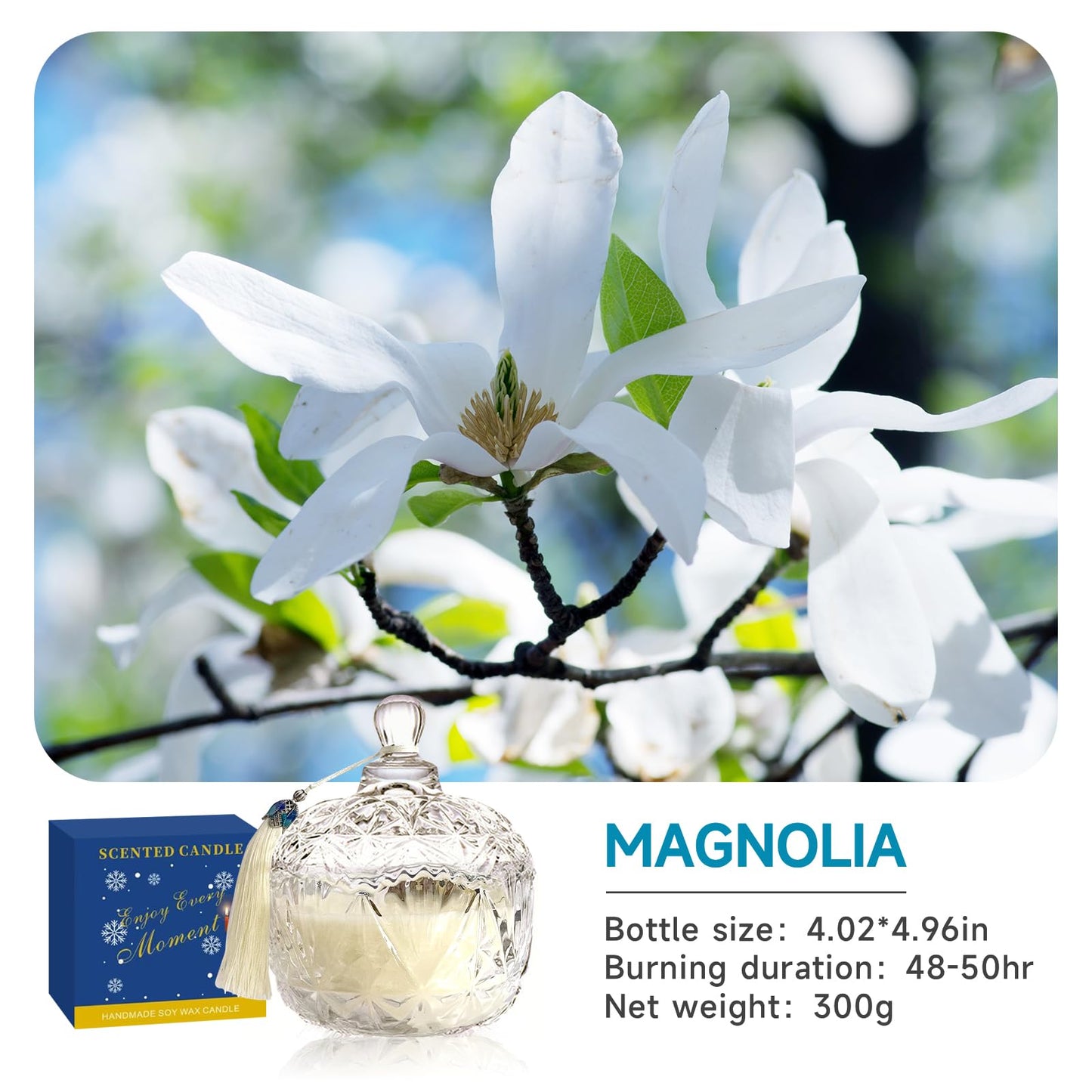 Joo SKo Magnolia Scented Soy Wax Candle, 7oz Aromatherapy Candle for Home, Long Burning Clean Jar Candle, Stress Relief & Relaxation, Thoughtful Gift for Women, Birthday, Mother's Day, Housewarming
