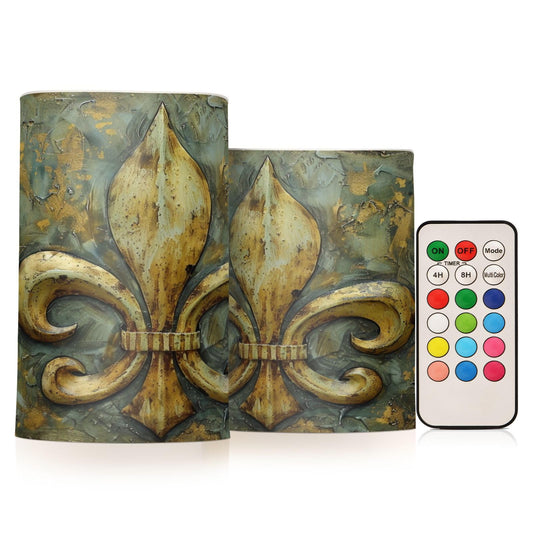 ALAZA Vintage Fleur De Lis Flickering Flameless Candles Battery Operated with Remote Timer,Tea Light Candles LED Pillar Votive Candles Set of 2 for Outdoor Indoor Decorations