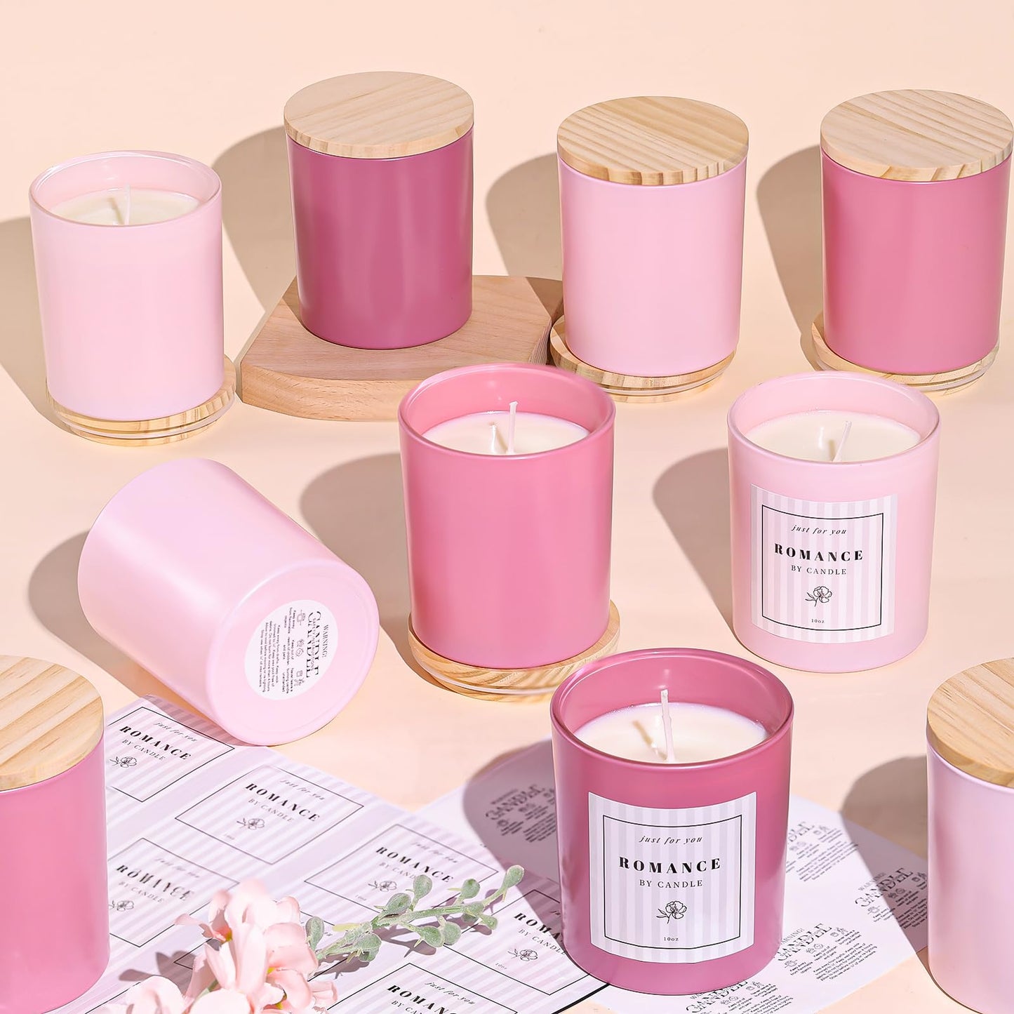 12Pcs Assorted Pink Candle Jars for Making Candles, 10oz Empty Candle Jars with Bamboo Lids and Labels, Glass Candle Jar for Candle Making Supplies, Candle Containers for DIY Gifts