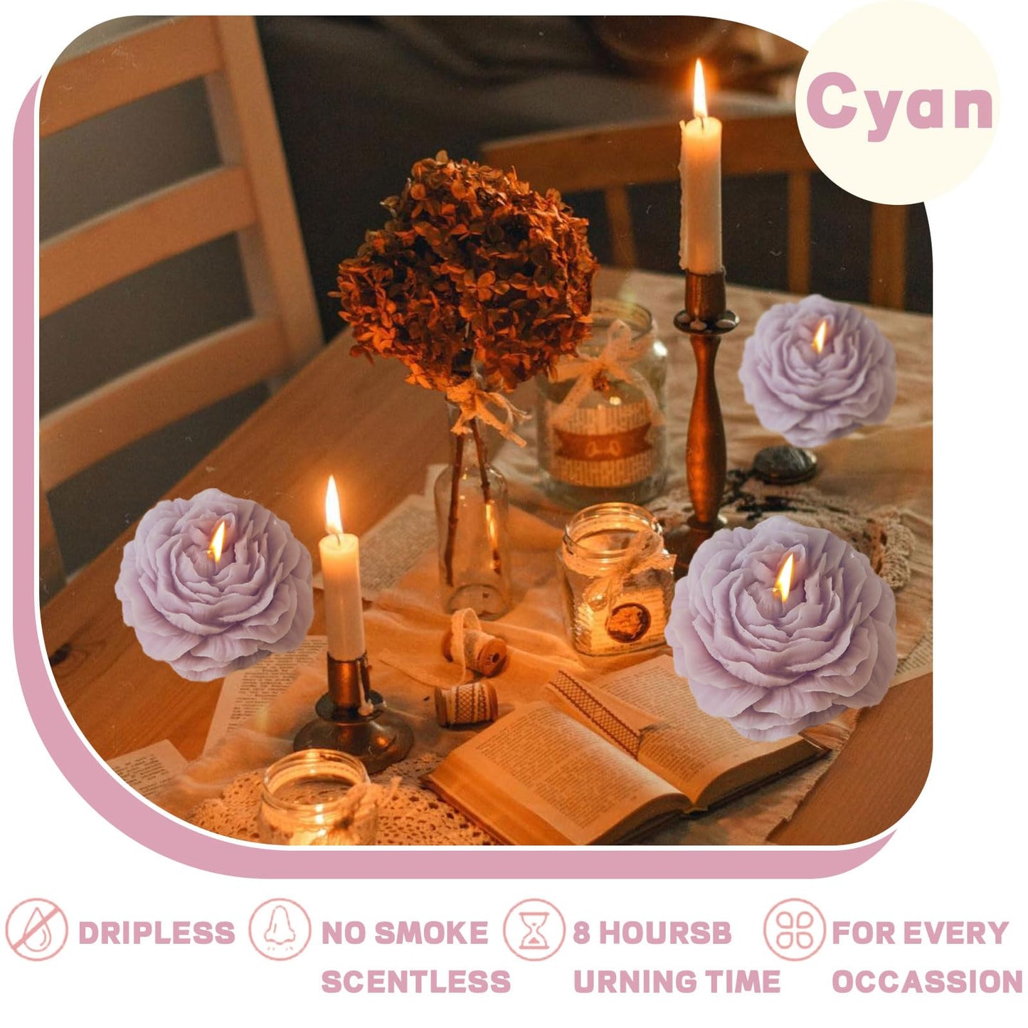 Peony Flower Shape Candles 1 Pack Soy Wax Decorative Candle for Bedroom Home Scented Candle Gift to Friends Family (Purple)