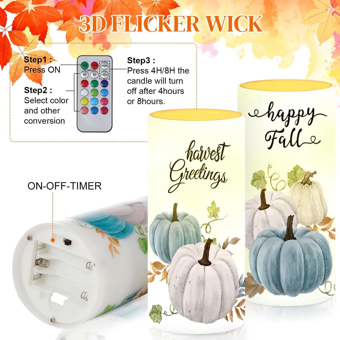 Tiamon 4 Pack Fall Led Candles with Remote - Blue Pumpkin Flameless Candles - Autumn Battery Operated - Warm Light Flickering - Harvest, Thanksgiving Table Decorations, Gift