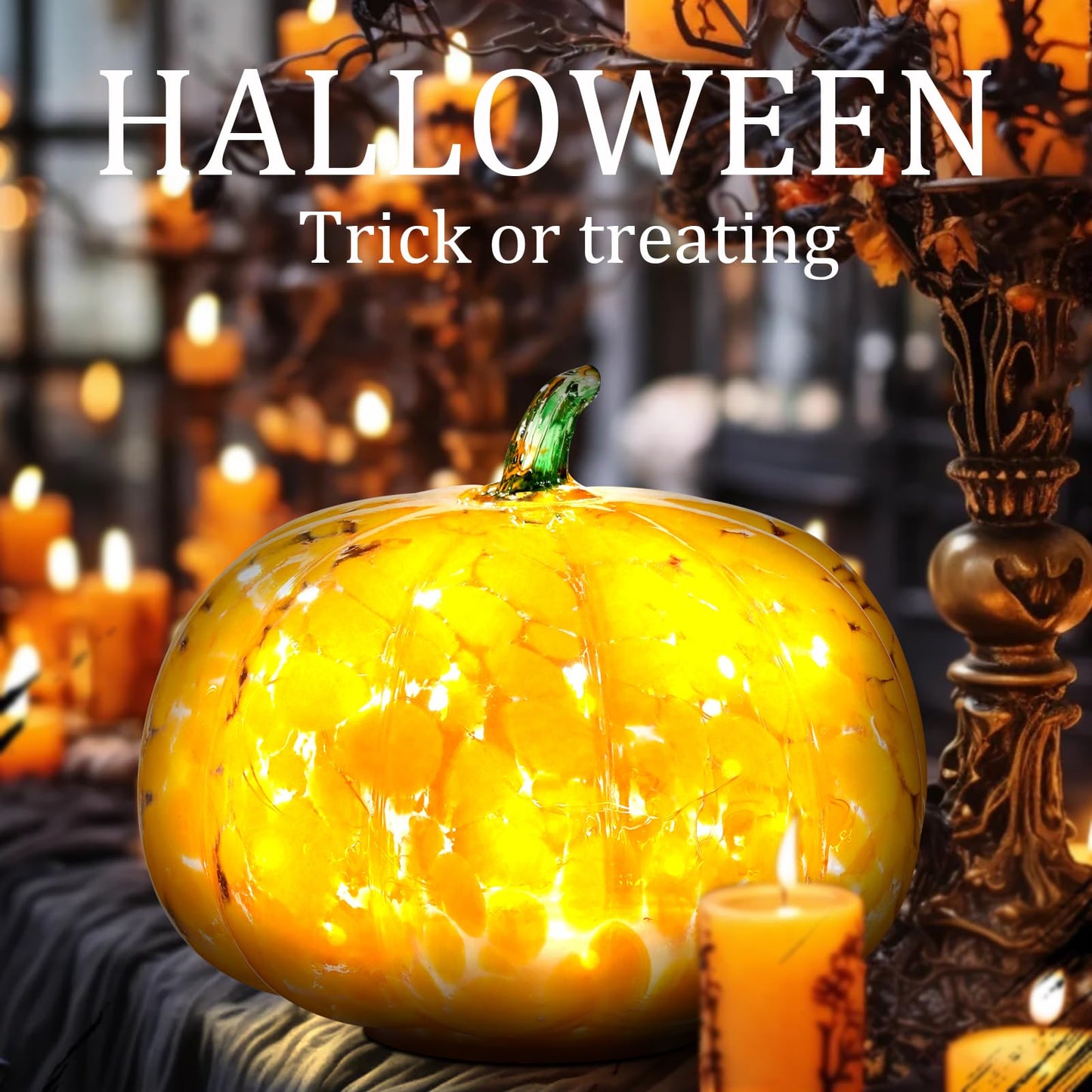 Naboher Handcrafted Glass Pumpkin with Warm LED Lights - Halloween & Thanksgiving Decor, Gift-Worthy Fall Home Decoration, 5.9-Inch Light-Up Tabletop Centerpiece (Green Leaf Orange)