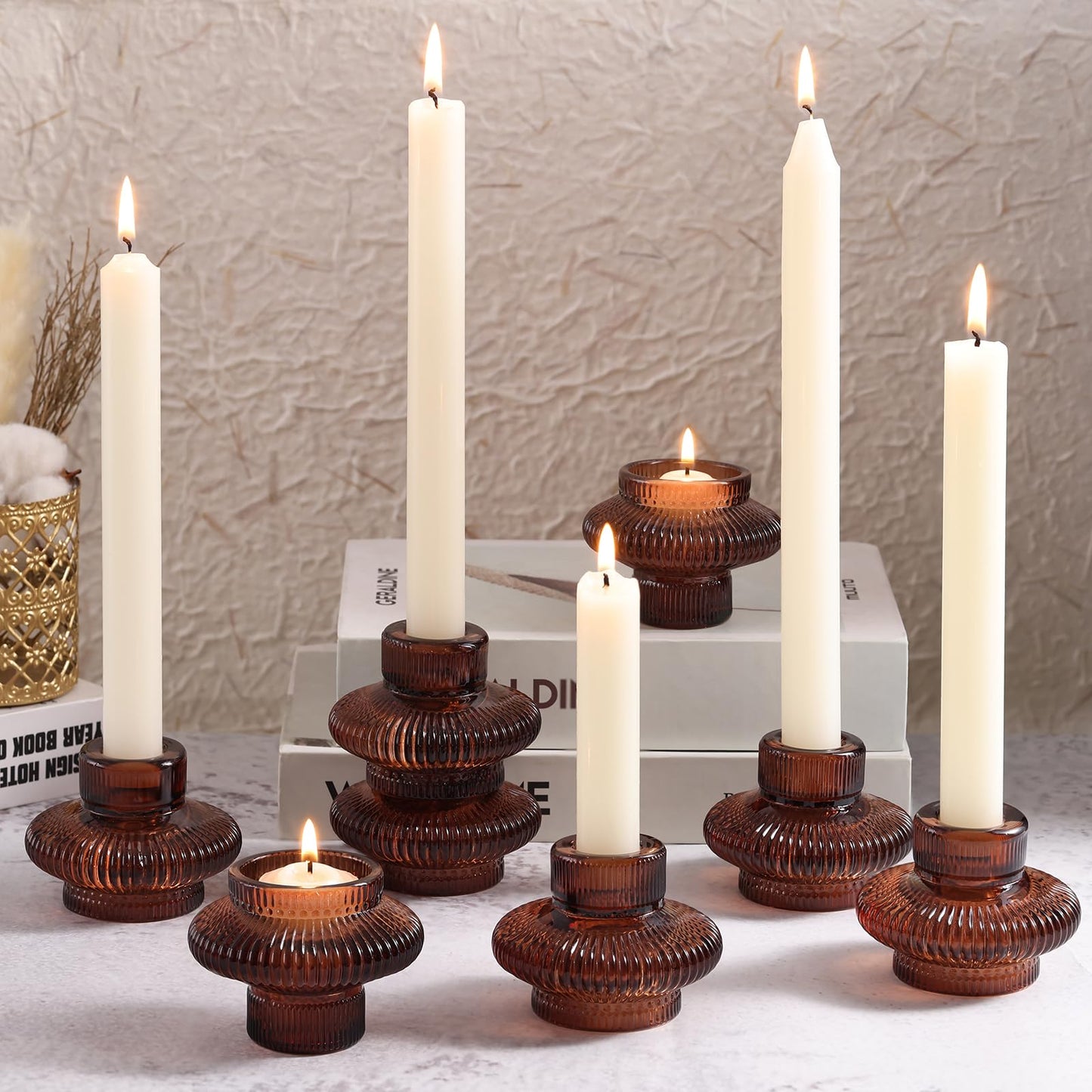 Candle Stick Candle Holder Set of 8, Taper Candle Holders for Wedding Table Centerpiece, Ribbed Glass Votive Candle Holders for Christmas, Romantic Dinner, Festival & Windowsill Decor