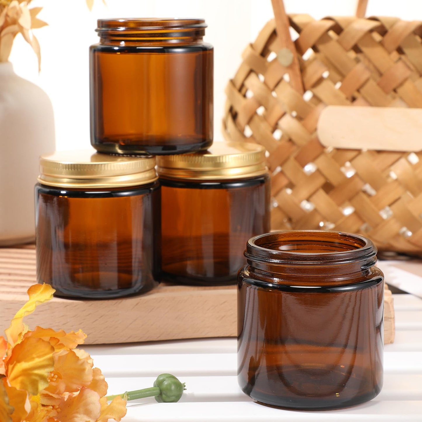 Zhehao 24 Pcs Glass Candle Jars with Lids Bulk, Round Empty Candle Container Tins, Dishwasher Safe and Leakproof DIY Crafts(Amber,Gold,4 oz)