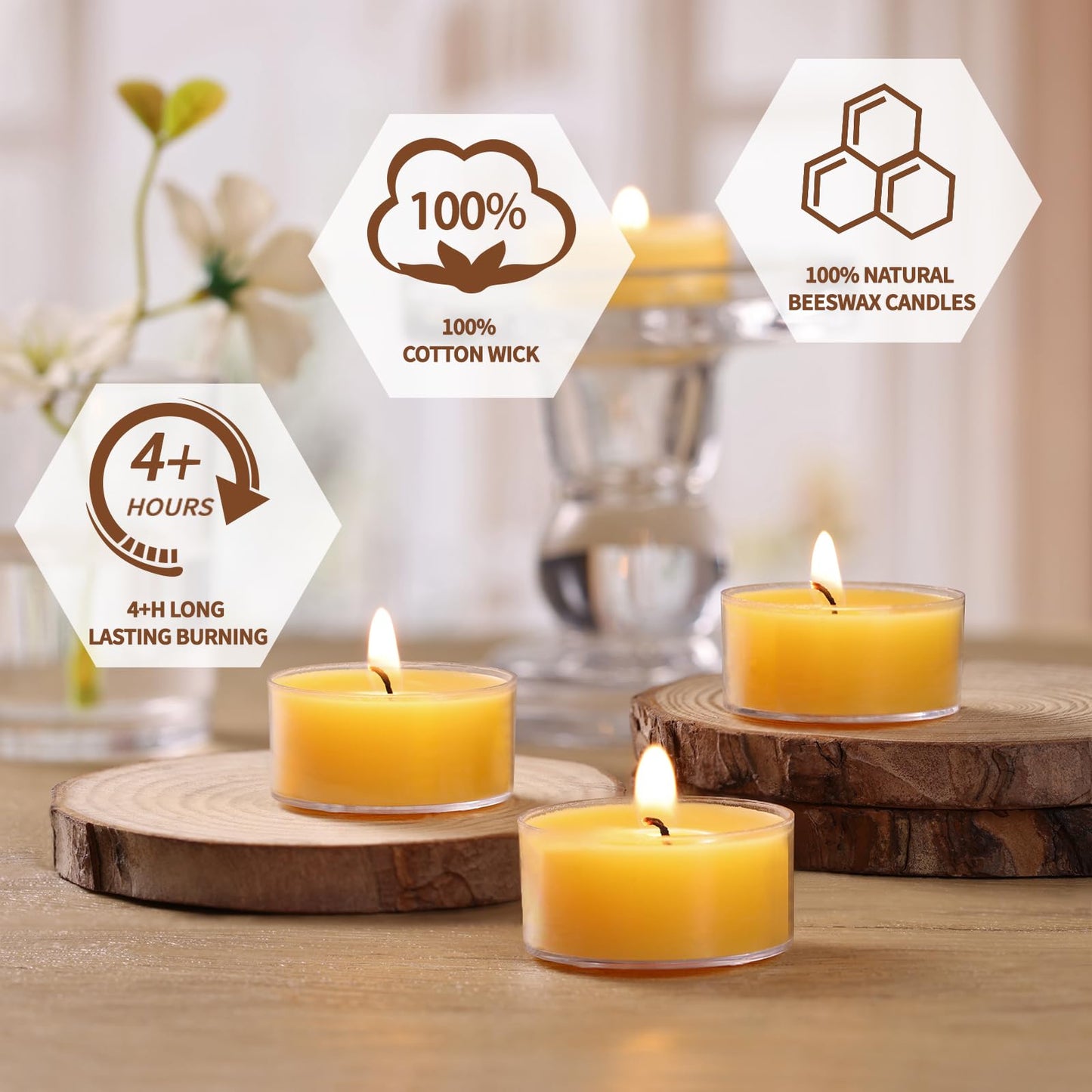 DEVI 90 Pack Pure Beeswax Tea Lights Candles Bulk 4 Hours, 100% Natural Beeswax Tea Candles Bulk, Unscented Bees Wax Votive Tea Lights for Home Decor, Bees Wax for Wedding Party Supplies Favors