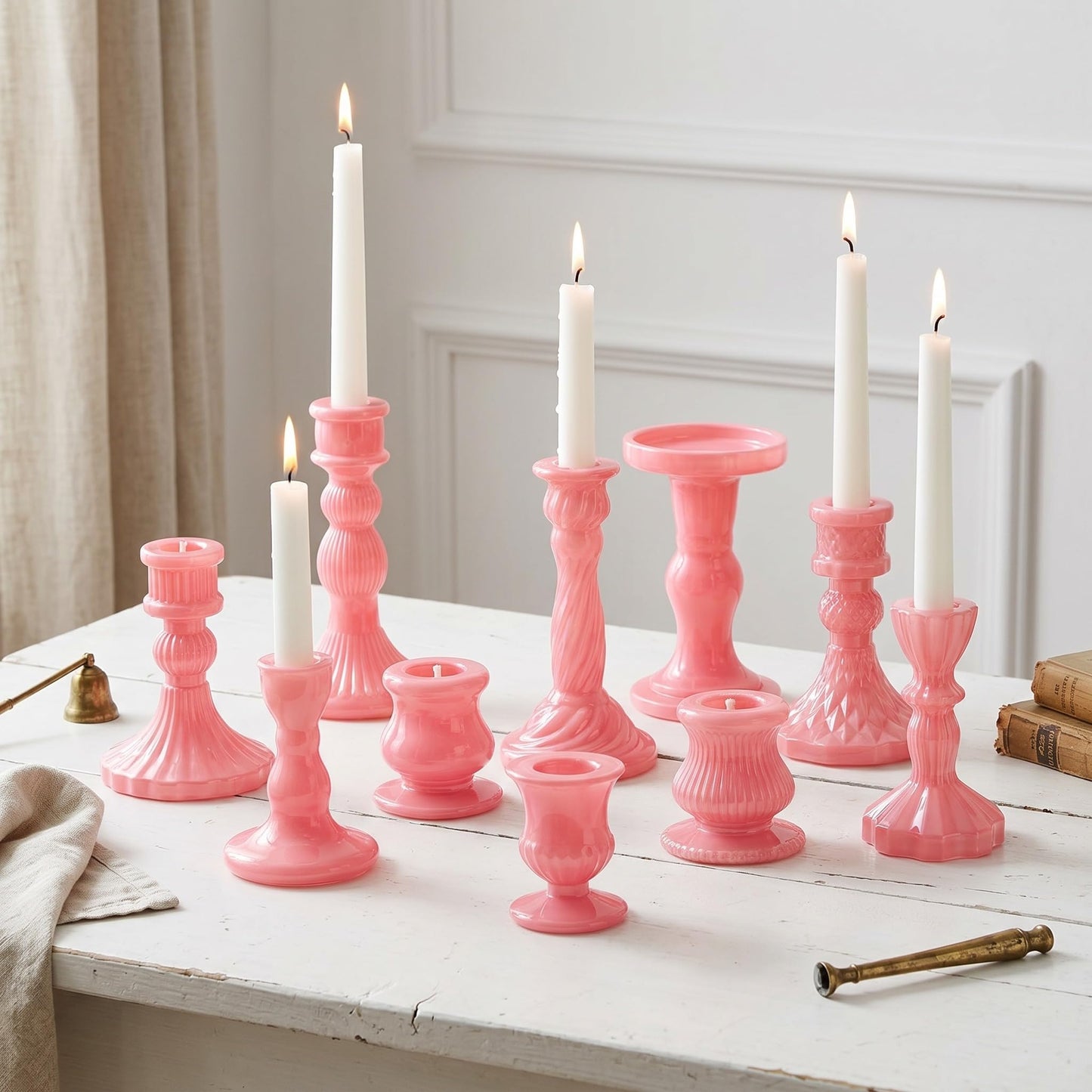Mumufy 10 Pcs Glass Crystal Taper Candle Holders Clear Glass Candlestick Holder Fit 0.8 Inch Candles Crystal Decorative Candle Stand Centerpiece Table Wedding Dining Party (Classic,Cream Pink)