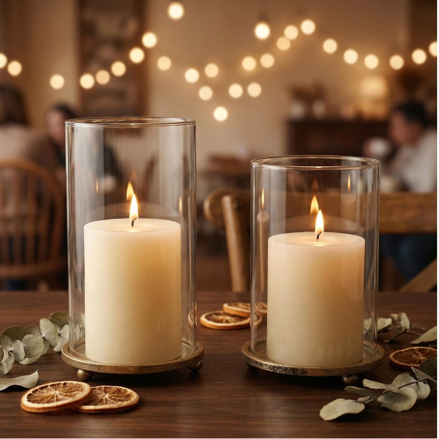 Hurricane Candle Holders Set of 2 - Pillar Candle Stands with Glass Sleeves for Fireplace Mantel & Dining Table Centerpiece Decor (Gold)