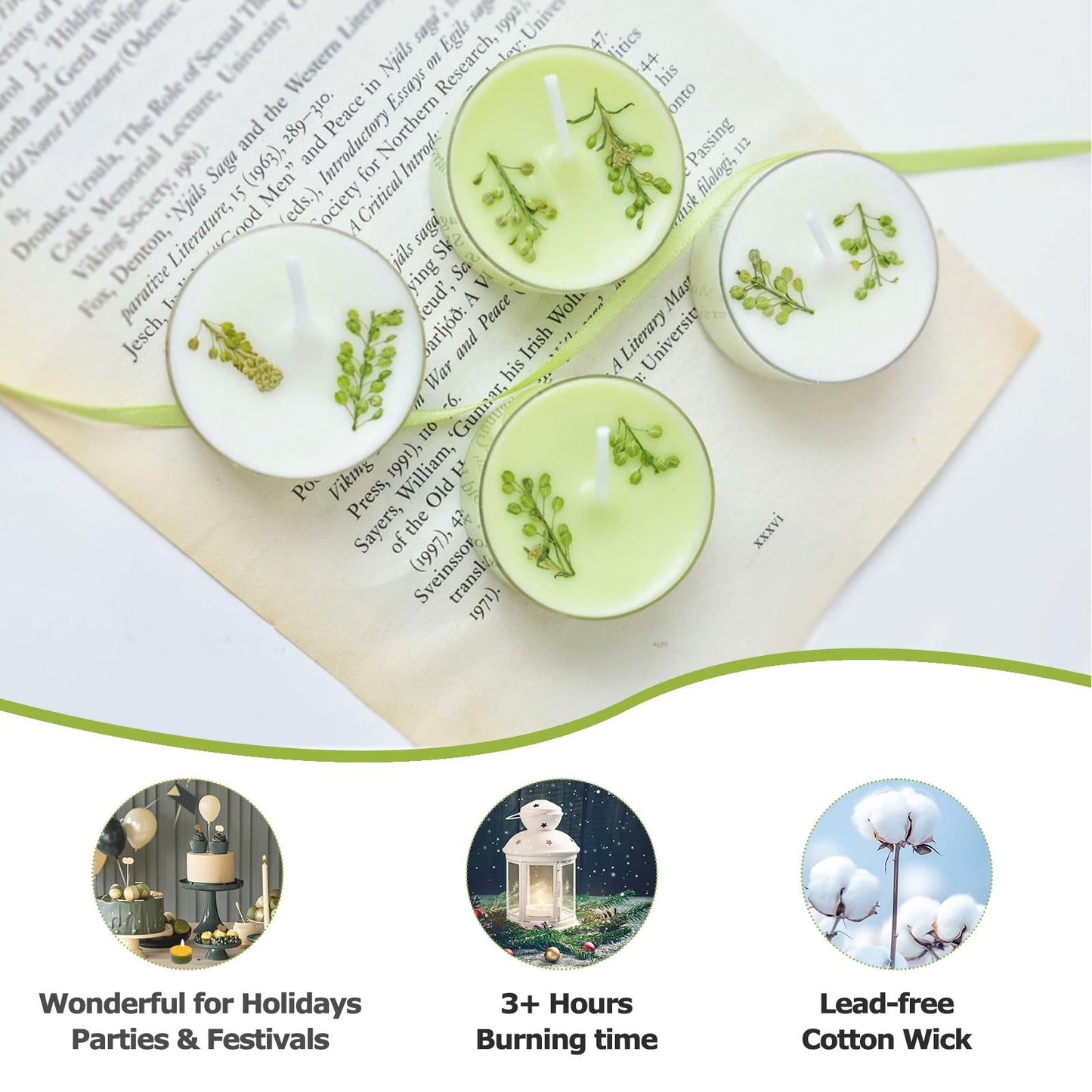 English Pear & Freesia Scented Tea Lights, 4-Pack White & Green Beeswax Soy Wax Tealight Candles with Dried Flower Decoration, Long-Lasting, Ideal for Relaxation, Spa, and Gifts