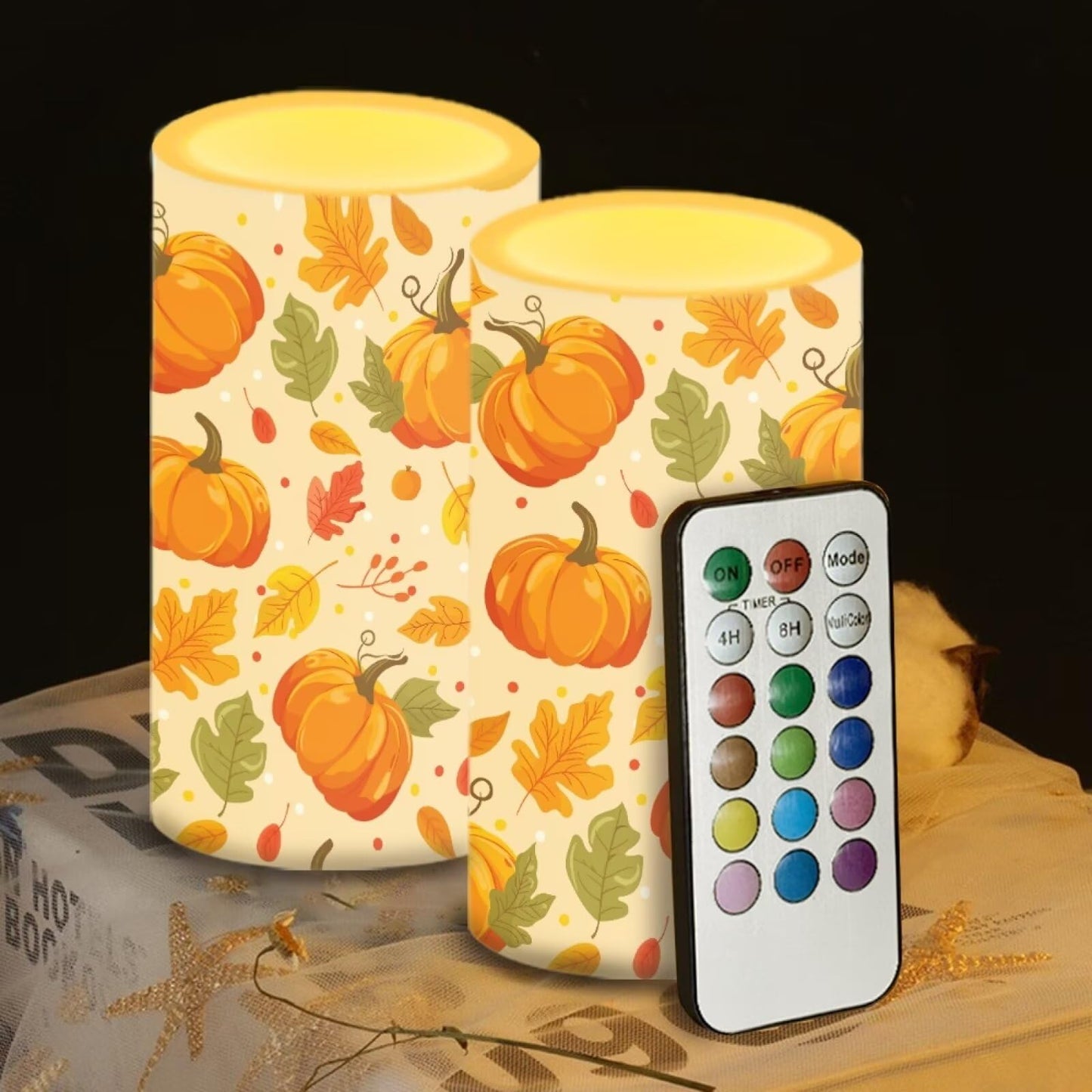 Luarisgur Pumpking Leaves Candles Battery Operated with Retome LED Candles Flickering Warm Light Fall Table Decorations for Dining Room Bedroom Living Room Home Thanksgiving Party