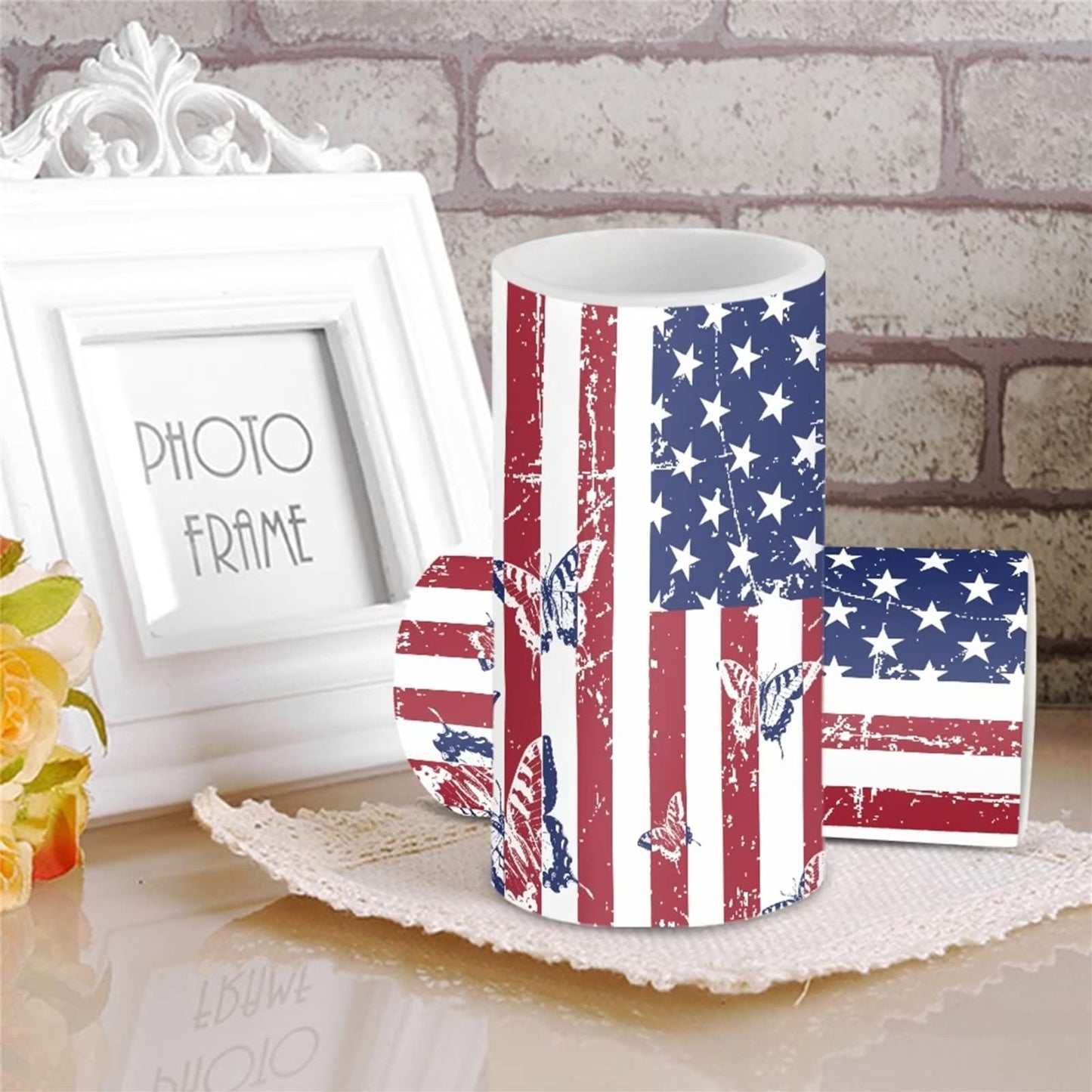 Cozeyat US Flag Print Flameless Candles 2 Pieces Tealights Battery Operated,Flickering Realistic Votive Tea Lights Moving Wax Pillar Electric Candles for Parties,Home Decoration