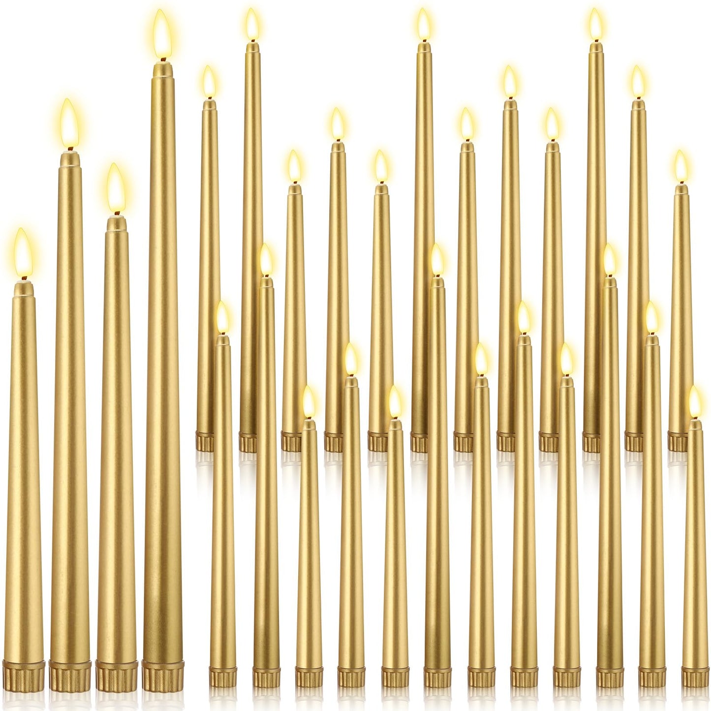 Rossesay 24 Pcs Flameless LED Taper Candles Battery Operated Candle 8.5", 9.65", 10.8", 12.8" Flameless Candlesticks Flickering for Christmas Church Wedding Indoor Decoration(Classic, Golden)