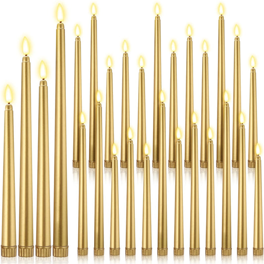 Rossesay 24 Pcs Flameless LED Taper Candles Battery Operated Candle 8.5", 9.65", 10.8", 12.8" Flameless Candlesticks Flickering for Christmas Church Wedding Indoor Decoration(Classic, Golden)