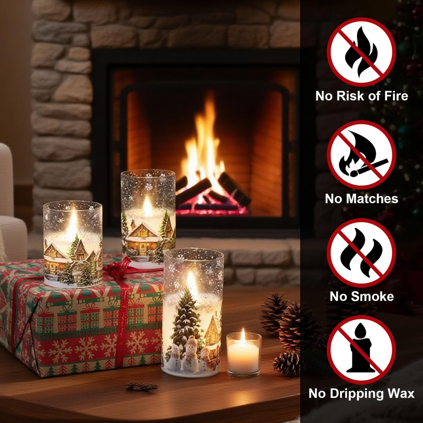 DRomance Snowman House Glass Flameless Candles Battery Operated with Remote and Timer Real Wax LED Flickering Pillar Candles Cold White Light Window Christmas Holiday Decor 3" D x 4", 5", 6" H