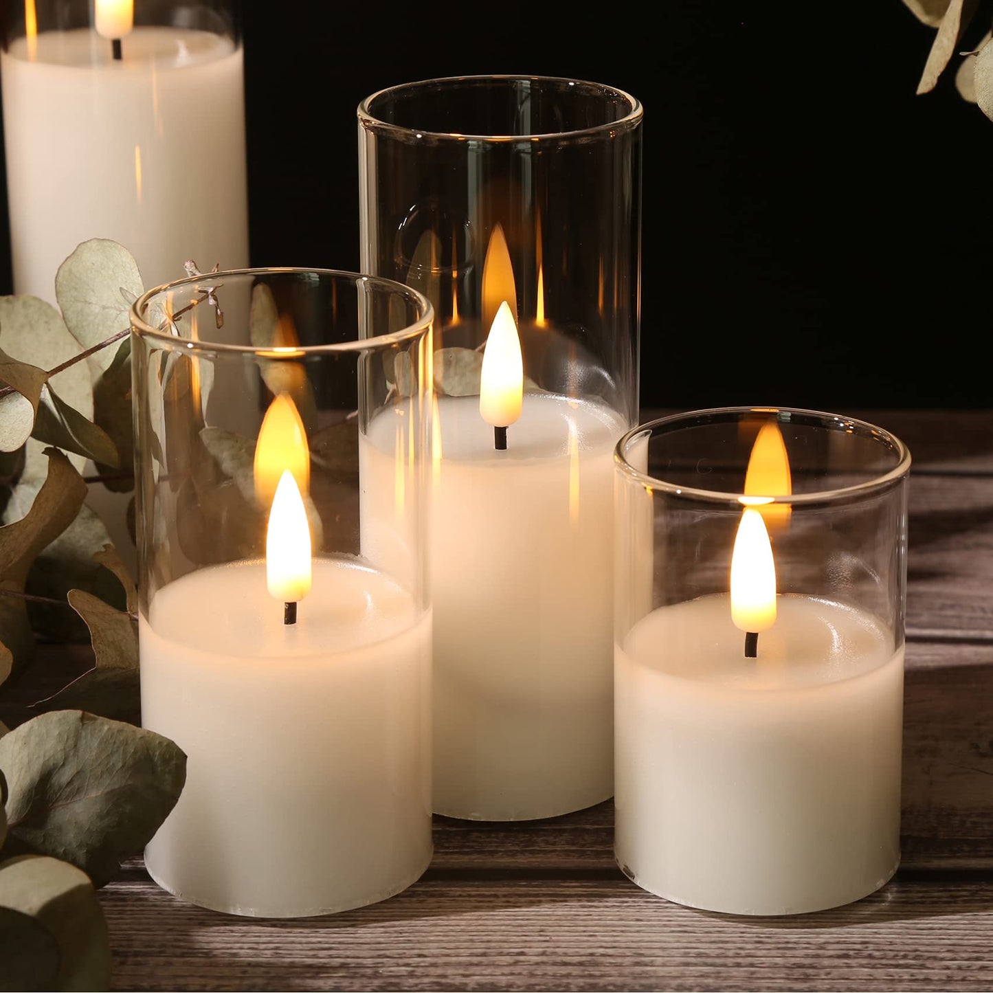 Eywamage Clear Glass Flameless Candles with Remote Batteries, Slim Tall LED Pillar Candles Battery Powered, Set of 5