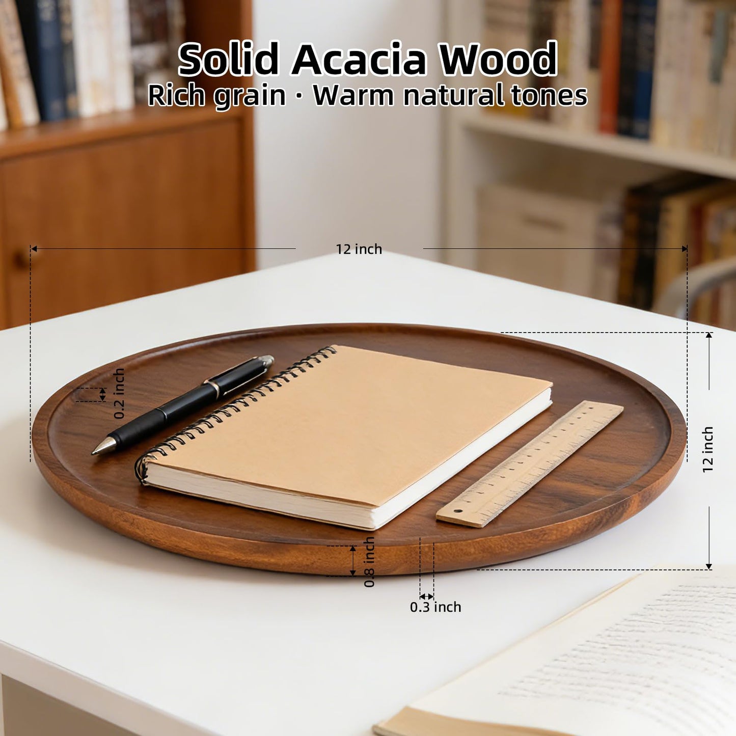 Round Acacia Wood Tray, Non-Slip Wooden Candle Tray for Coffee Table, Bathroom Vanity & Countertop, Decorative Wooden Tray for Home Décor Organizer- 11.8 Inch Diameter