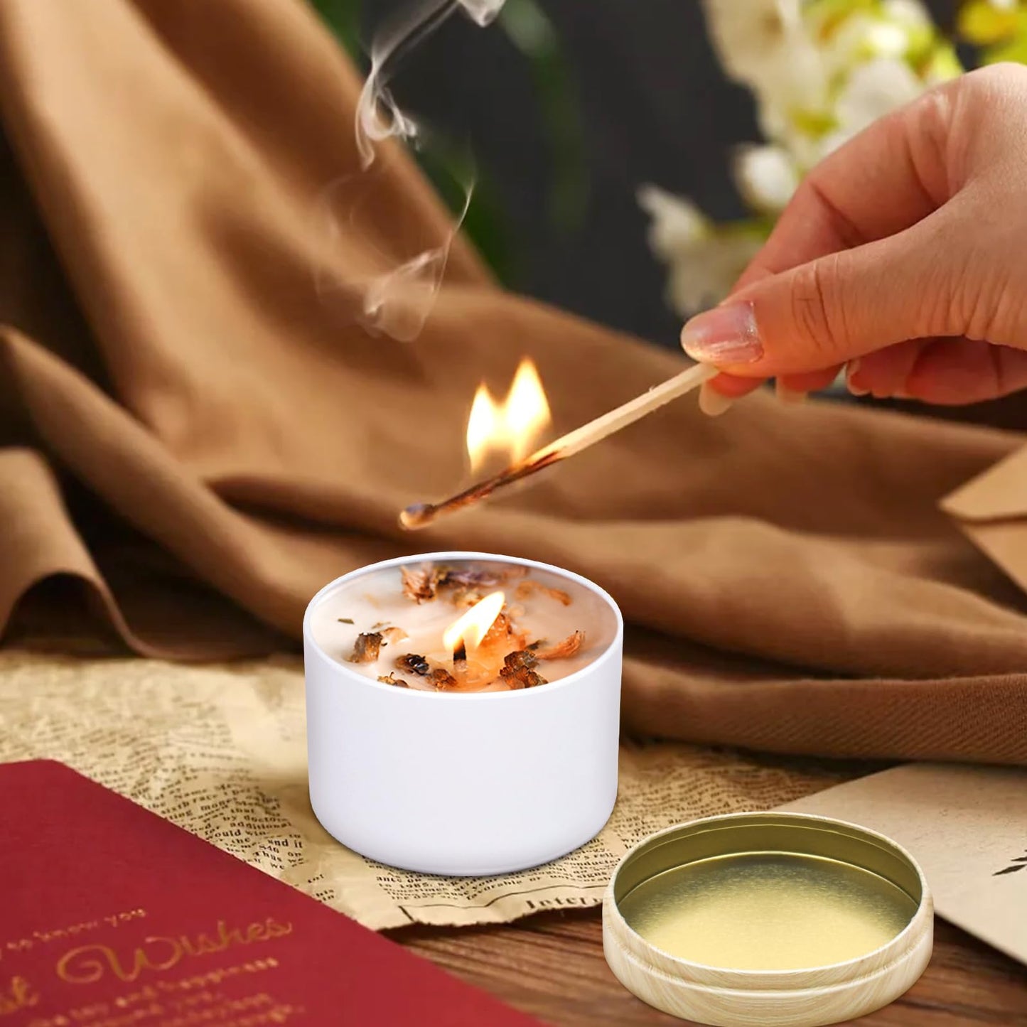 YJHSS 48-Pack Candle Jars, 24pcs 8oz + 24pcs 4oz Candle tins with Metal Wood-Grain Printing Lids, Empty Candle Jars for Making Candles Bulk Candle Containers-White