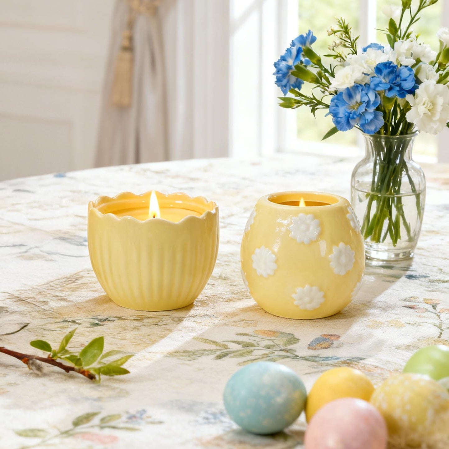 WDS WONDROUS 2-Pack Easter Bunny & Bow Ceramic Jar Candles, Egg Shaped Soy Wax Scented Candles with Daisy and Striped Design, Spring Home Decor Gift Set for Women, Yellow Farmhouse Table Centerpiece
