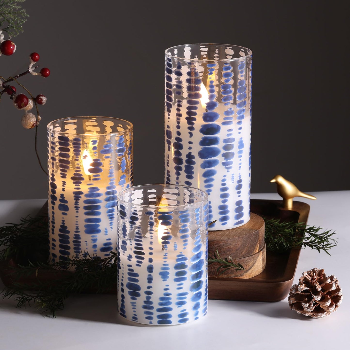 Eywamage Blue Dots Flameless Candles in Glass Jars, Flickering Battery LED Pillar Candles with Remote Set of 3