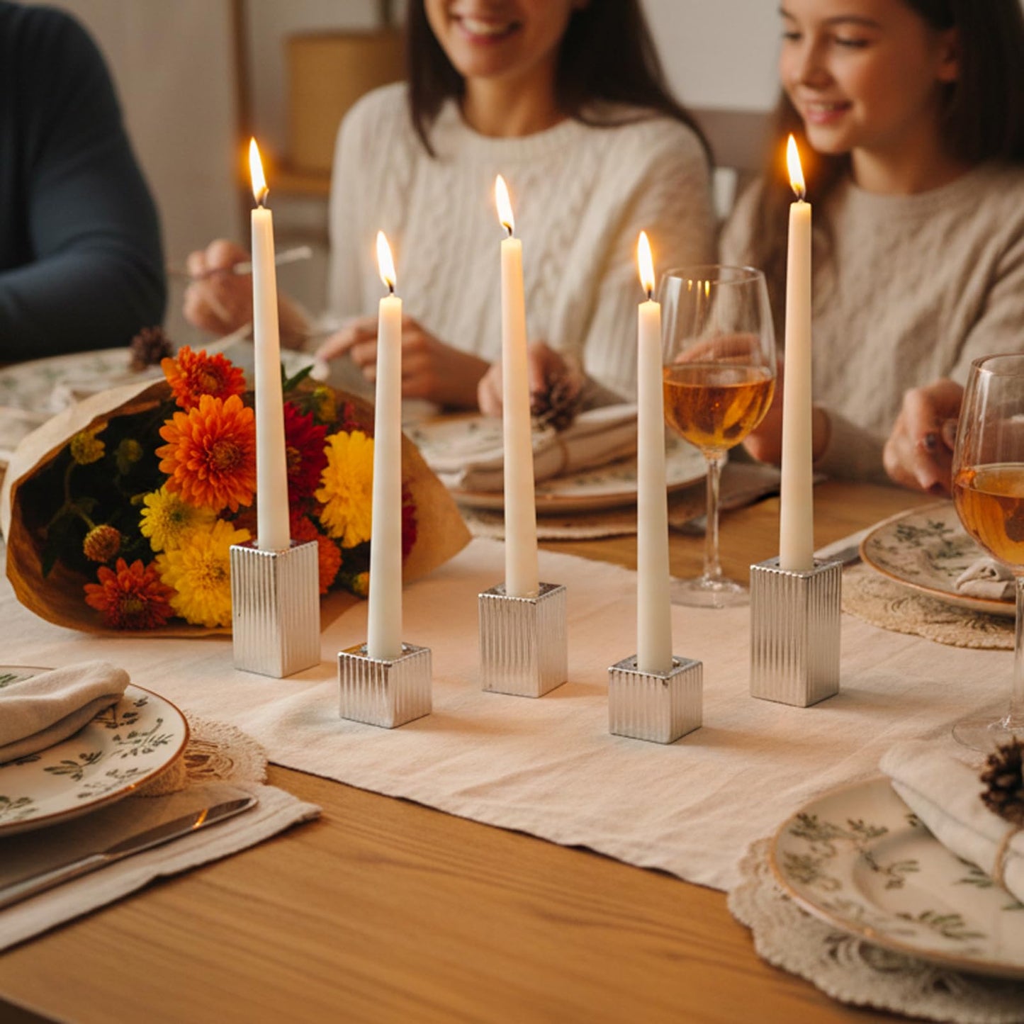 LETINE 12pcs Silver Vertical Stripe Glass Candlestick Holders - Chic Taper Candle Sticks Holder Set for Elegant Dining & Home Decor - Ideal for Valentine's Day, Halloween, Thanksgiving