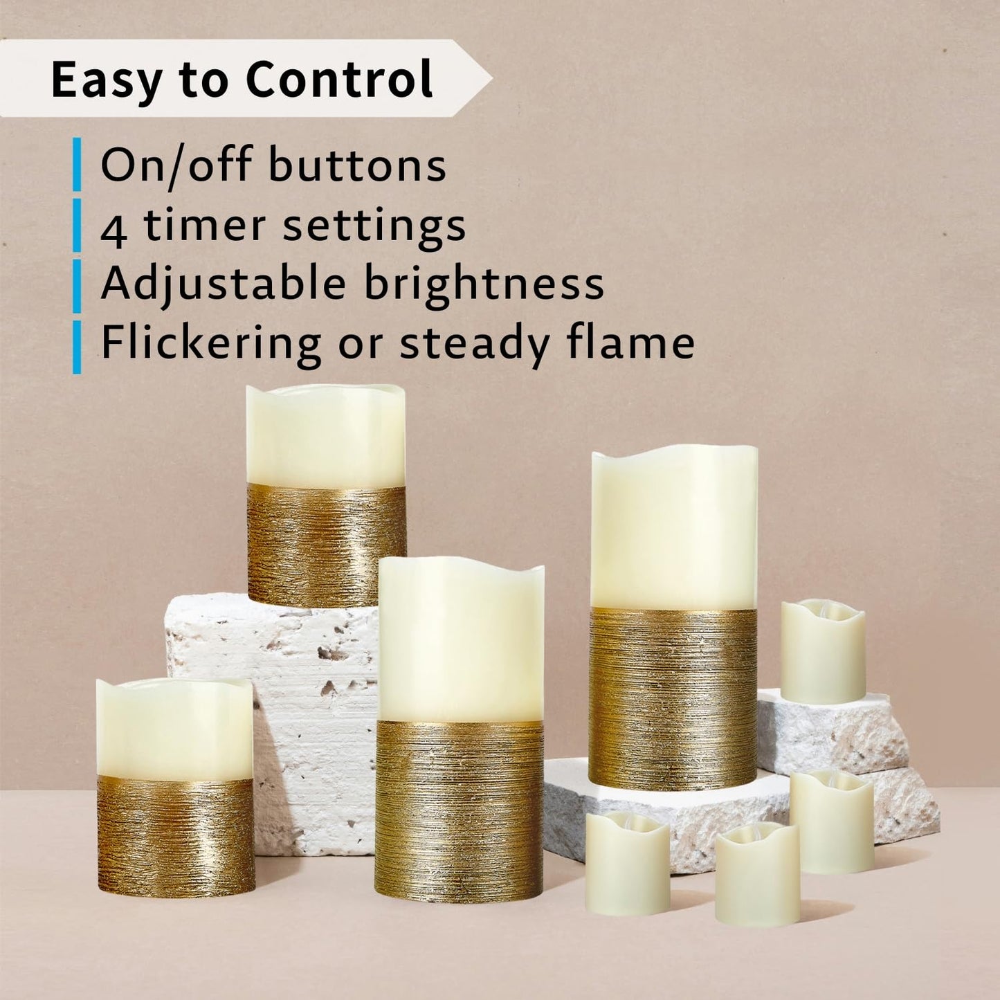 FURORA LIGHTING Gold Trim Flameless Candles - Real Wax, Adjustable Brightness, Remote & Timer - 4 Pillars (3x4, 3x6) and 4 Votives, 8-Pack, Battery Operated
