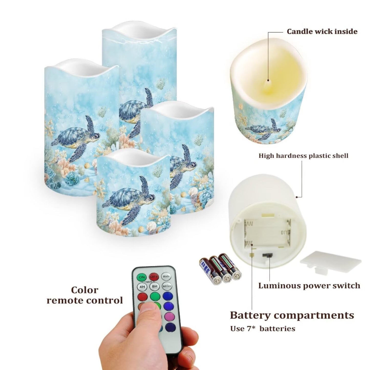 Cozeyat Turtle Ocean LED Candles 4 Pack Color Changing Battery Operated Flameless with Remote Control Timer Waterproof for Home Wedding Garden Beach