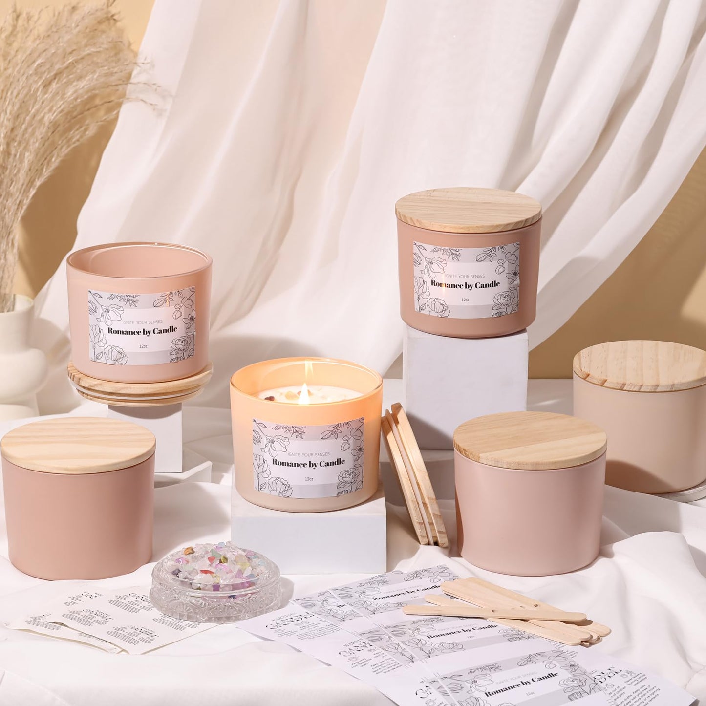 6Pcs Assorted Camel Candle Jars for Making Candles, 12oz Empty Candle Jars with Bamboo Lids,Labels and 100g Crystal Rocks, Glass Jars for Candle Making Supplies, Candle Containers for DIY Gifts
