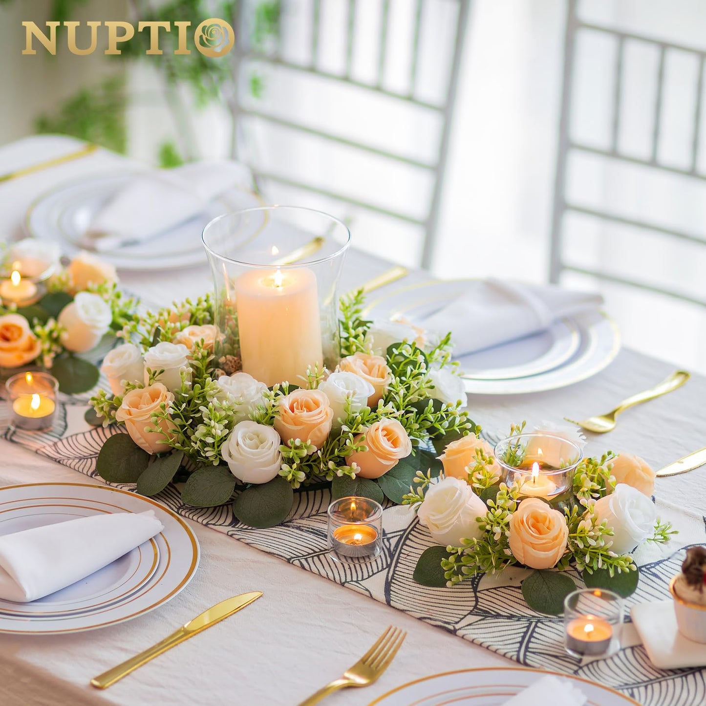 NUPTIO Flower Candle Rings Centerpieces: 13.4 Inch Champagne & White Artificial Rose Wreath for Wedding Party Christmas Decorations - Spring Summer Front Door Porch Decor 2 Pcs