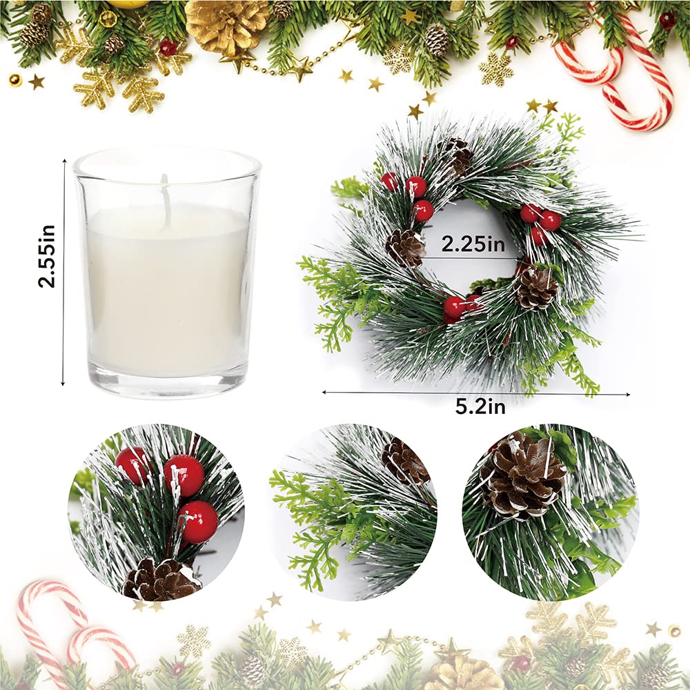 Christmas Candle Ring, 4 Pcs Votive Candle with Red Berry Pinecone, Xmas Ring Candle for Table Centerpiece Decoration Wedding Holiday,Clear