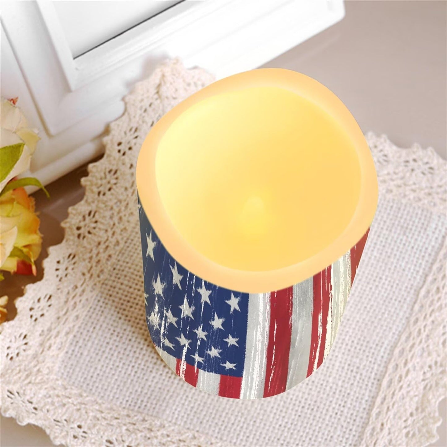 Ystardream American Flag Luminara Candles Battery Operated Candle Blink with Timer, Pillar Embedded Flameless Candle, LED Candle for Wedding Men Women's Gift
