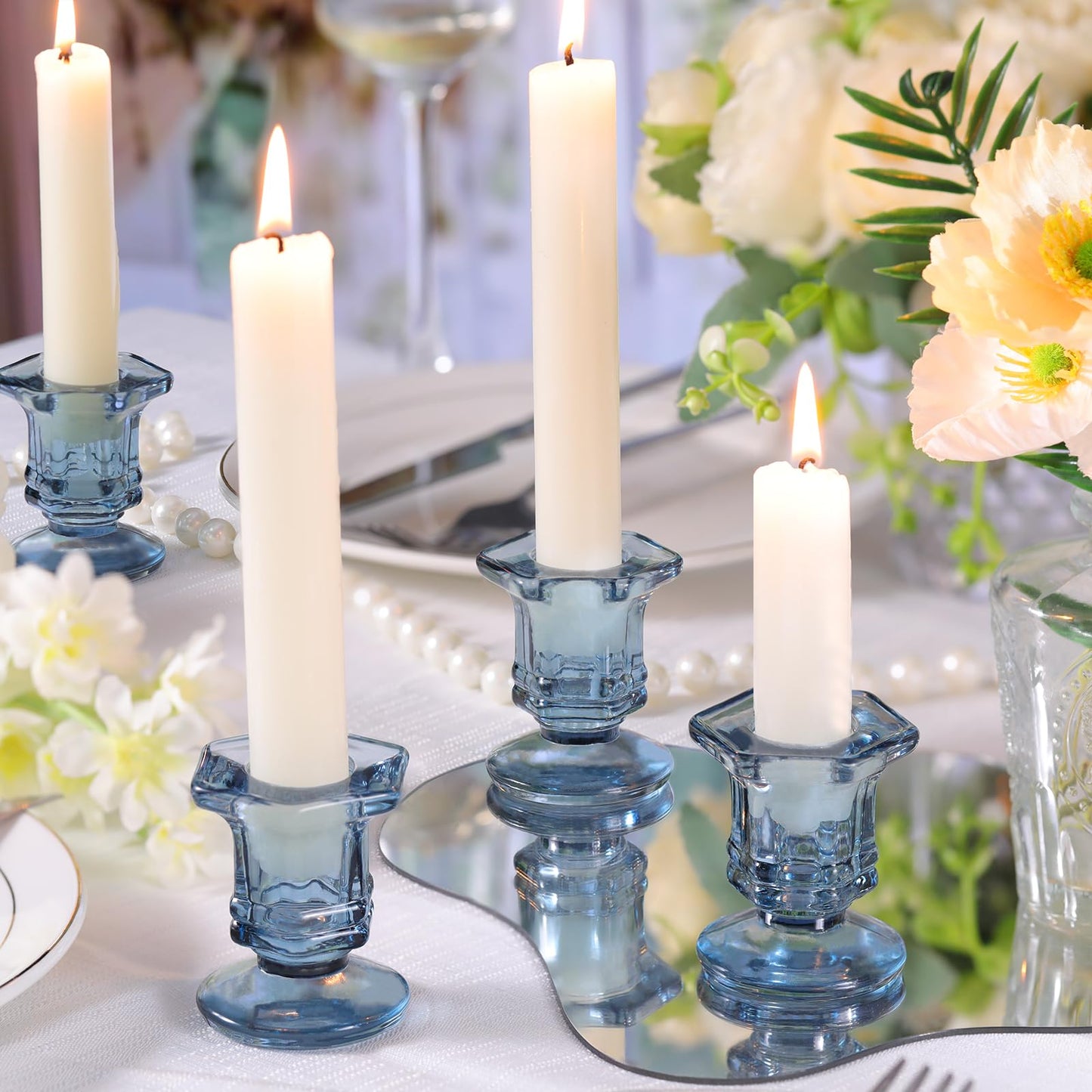 Lanttu 12 Pcs Blue Candlestick Holders Bulk, Glass Candle Holders Set,Crystal Taper Candle Holder for Wedding, Table Centerpiece, Home Decoration