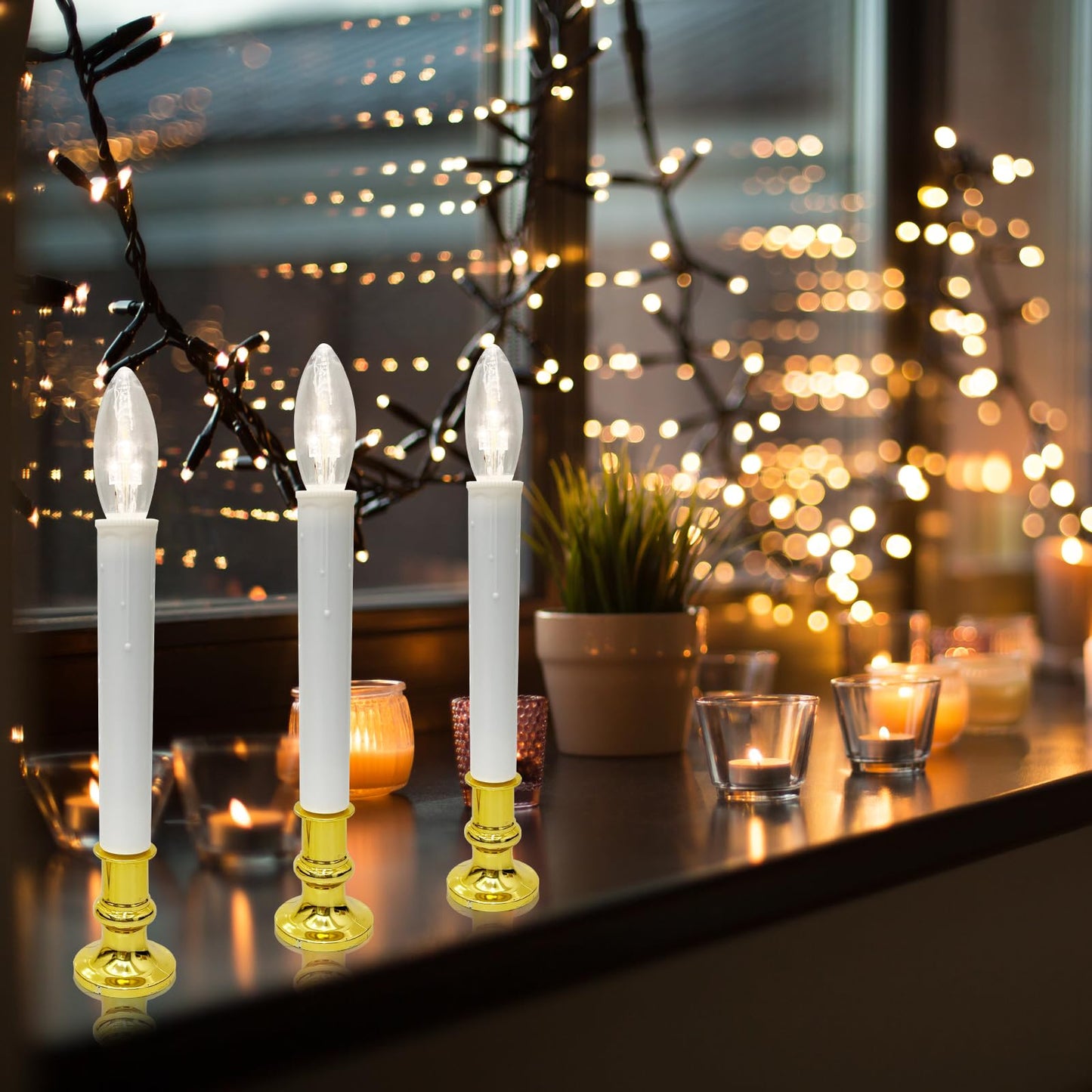 Oviejo 4 Pack Christmas Electric Candles, Electric Candle Lamps with Gold Base, Christmas Window Candles with 6-18 Timer On/Off for Home Table Weddings Holiday Decor