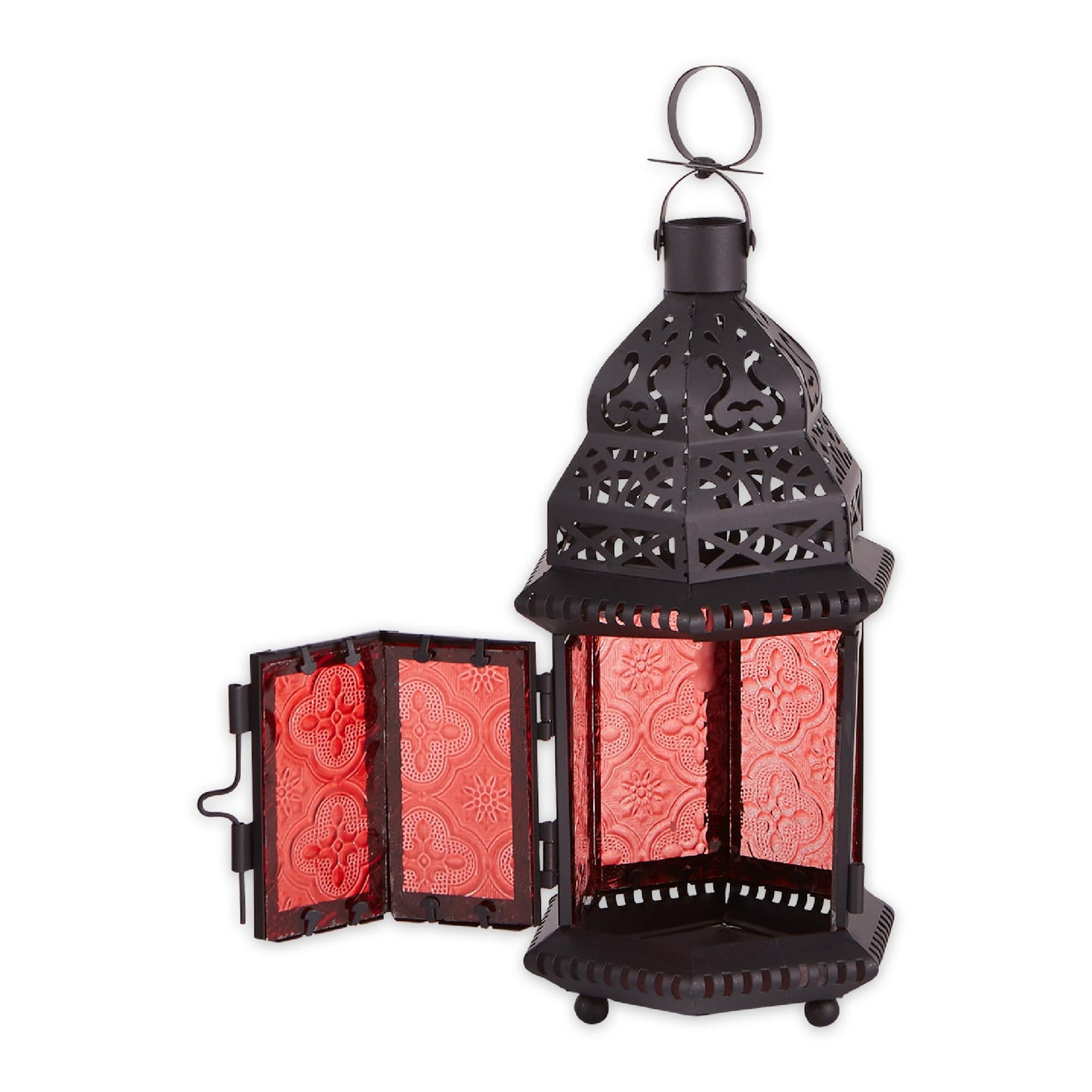 Zingz & Thingz Moroccan Style Candle Lantern Holder, Decorative Light Home Decor, Indoor & Outdoor, 10.25" Tall, Black with Red Glass